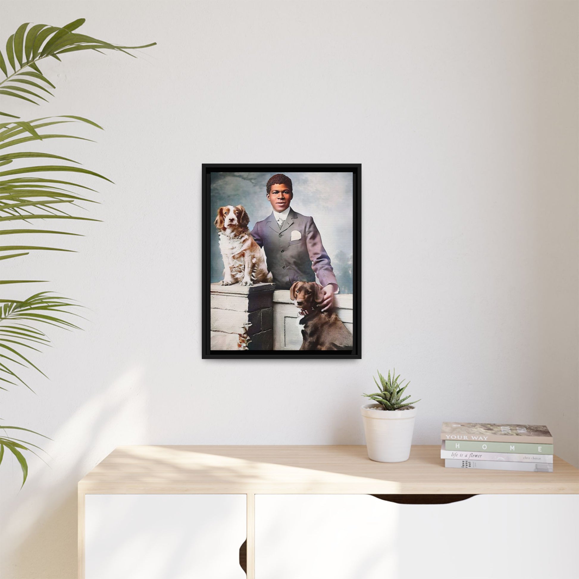 A restored vintage portrait of Marcus with his dogs, Buster and Ellis, in Charlotte, North Carolina. This framed matte canvas print captures the elegance of Southern charm and the enduring bond between a man and his loyal companions. Vintage Dog Portrait