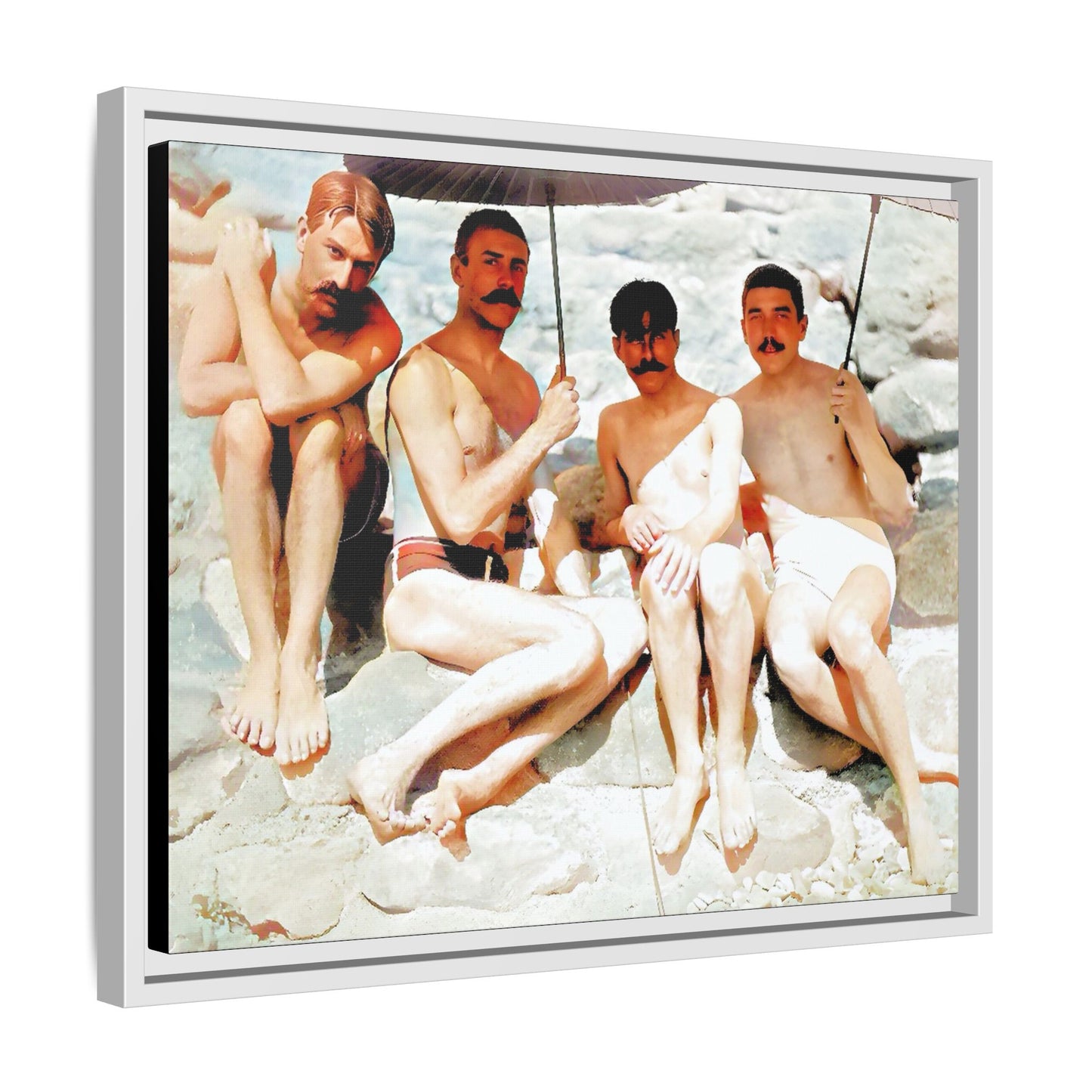 A nostalgic vintage beach photograph from Herring Cove Beach, Provincetown, MA. This framed canvas print captures four men in a relaxed summer moment, perfect for coastal home decor or as an LGBTQ+ history tribute.