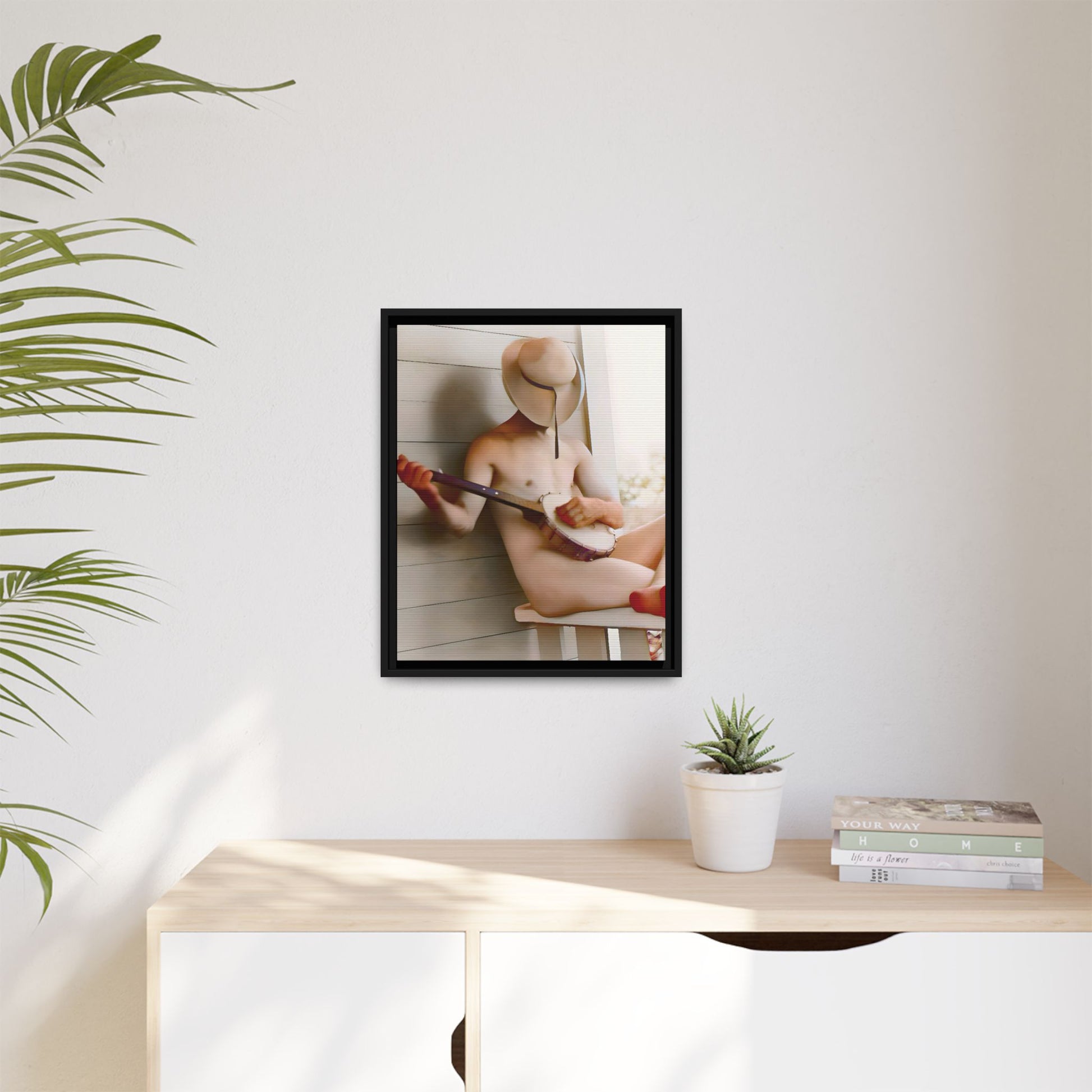 A framed vintage portrait on matte canvas featuring Glenn in Alum Creek, West Virginia, capturing the Appalachian spirit with a banjo in hand.