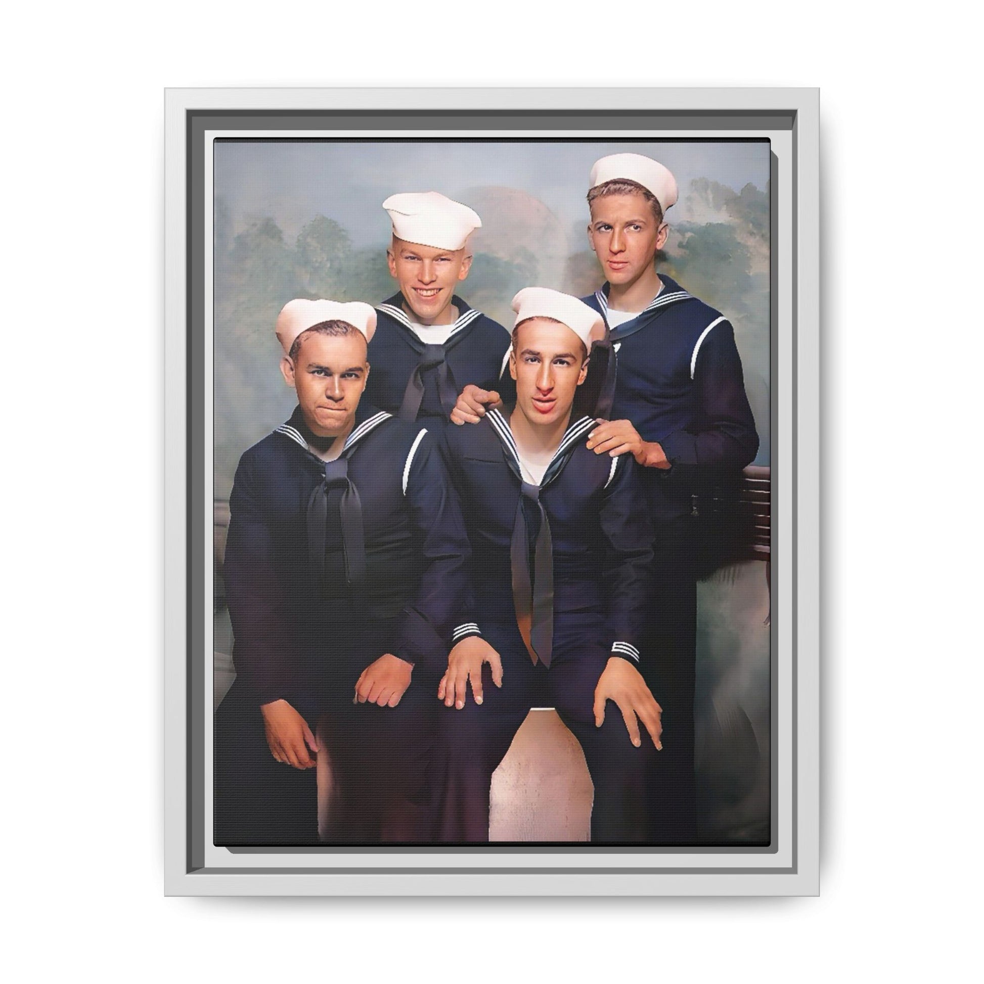 A framed vintage naval portrait on matte canvas featuring four sailors at Naval Station Great Lakes, capturing unity, service, and military pride.