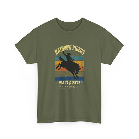 Black bucking rider silhouette over distressed colorful Western stripes