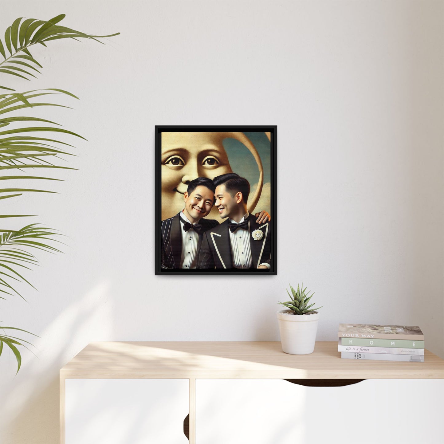 Framed matte canvas featuring a joyful queer Asian couple in tuxedos standing beneath a crescent moon. This artwork, part of the Missing Art Studies series, reimagines erased queer histories with warmth, dignity, and vintage-inspired style.