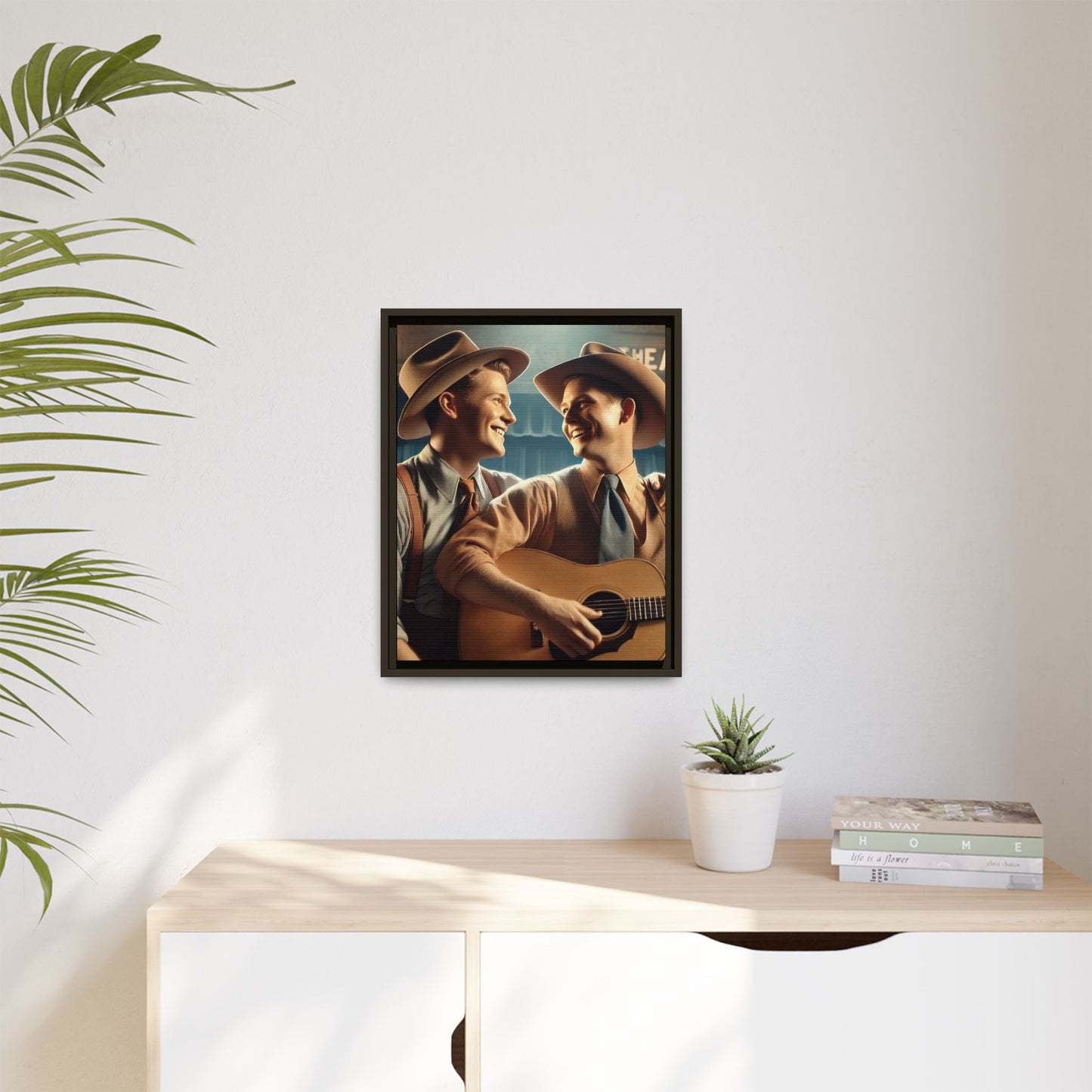 Artwork of a gay couple recording a country-western song in a 1930s-style studio. Dressed in classic Western attire with wide-brimmed hats and button-up shirts, the two men share an affectionate gaze, capturing love and unity in a nostalgic, vintage setting.