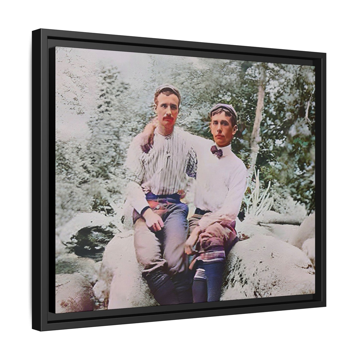 A framed vintage love portrait on matte canvas featuring Grover and Emil in Villamont, Virginia, capturing timeless LGBTQ+ connection and companionship. Gay Couple