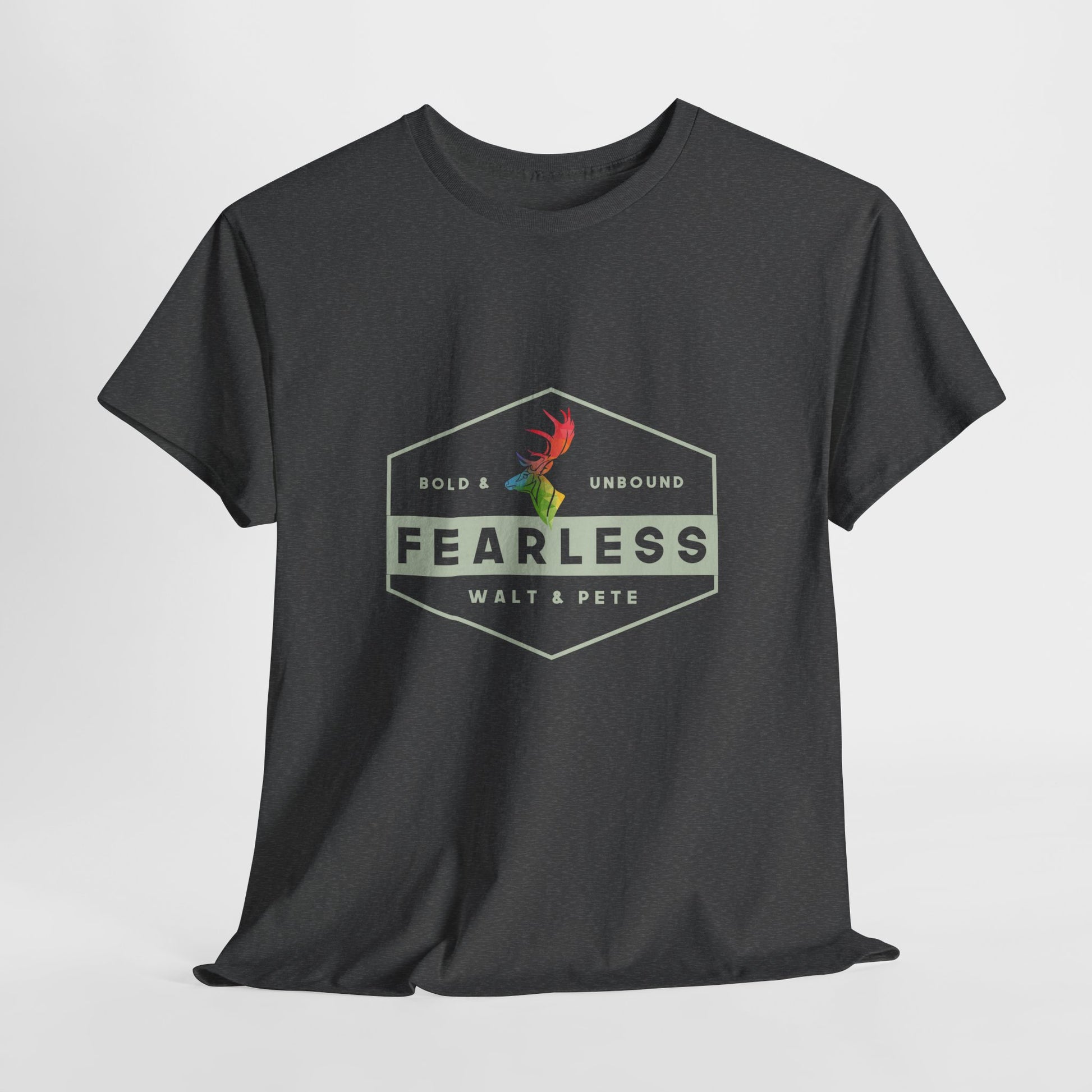 Unisex gr cotton t-shirt with a hexagon badge design reading “Fearless” and “Bold & Unbound,” featuring a rainbow antler—symbolizing LGBTQ+ pride and fearless queer identity