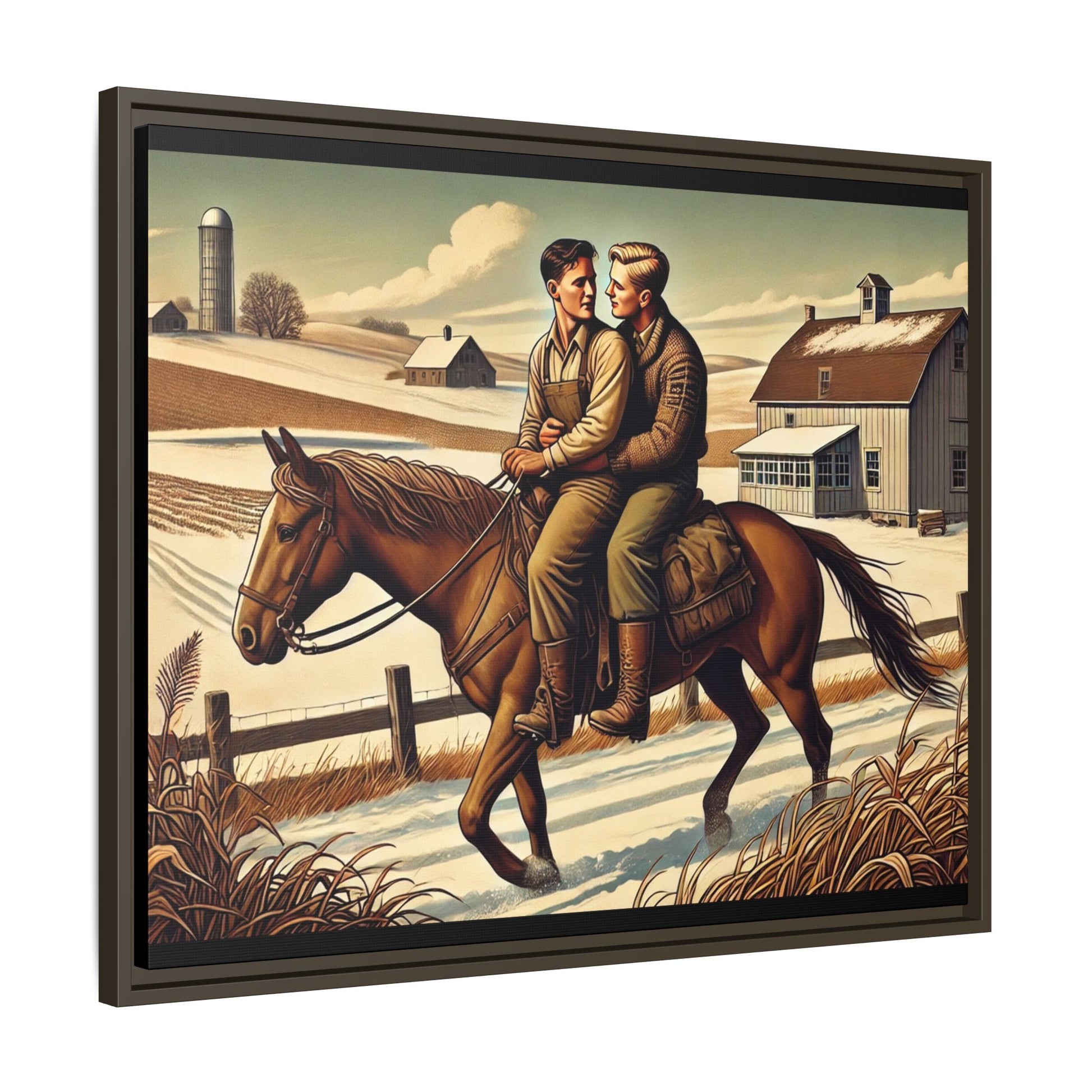 Artwork of a gay couple sharing a tender moment while seated together on a single horse in a snowy, rural Midwestern landscape. Dressed in early 20th-century attire, the men gaze at each other warmly, capturing love, resilience, and companionship in a serene 1930s-inspired American scene