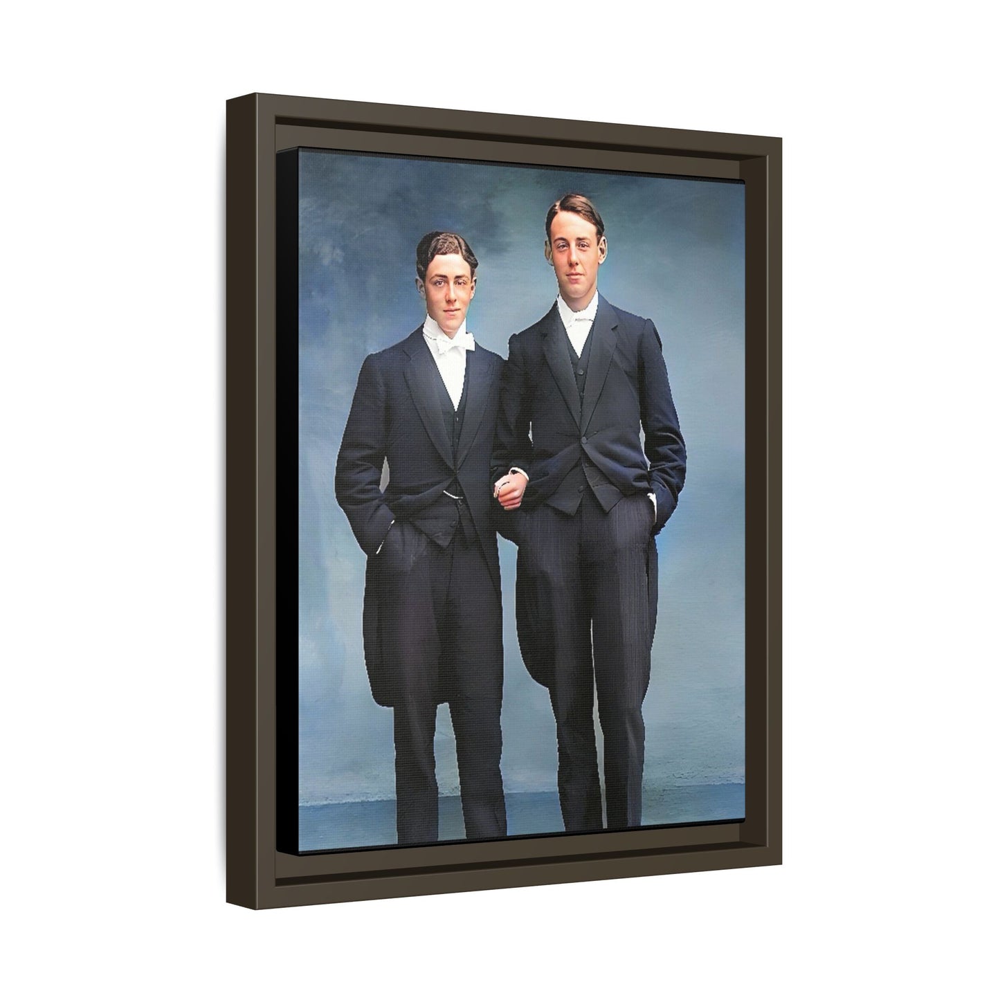 A framed vintage photo on matte canvas featuring a sophisticated LGBTQ+ couple in Rumson, NJ, capturing elegance and timeless love. Gay Formal Prom