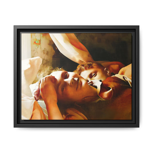 A heartwarming vintage portrait of Edwin and Floyd in Burlington, Vermont. This framed canvas print captures a quiet moment of LGBTQ+ love and intimacy, perfect for home decor, collectors, or as a sentimental gift celebrating timeless affection.