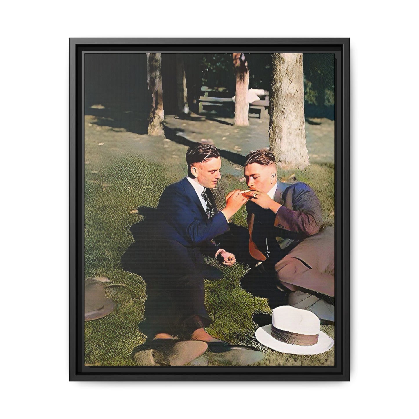 A framed vintage portrait on matte canvas featuring Oscar and Iván in Central Park, Manhattan, capturing timeless love and 1920s elegance. Gay Couple Queer History