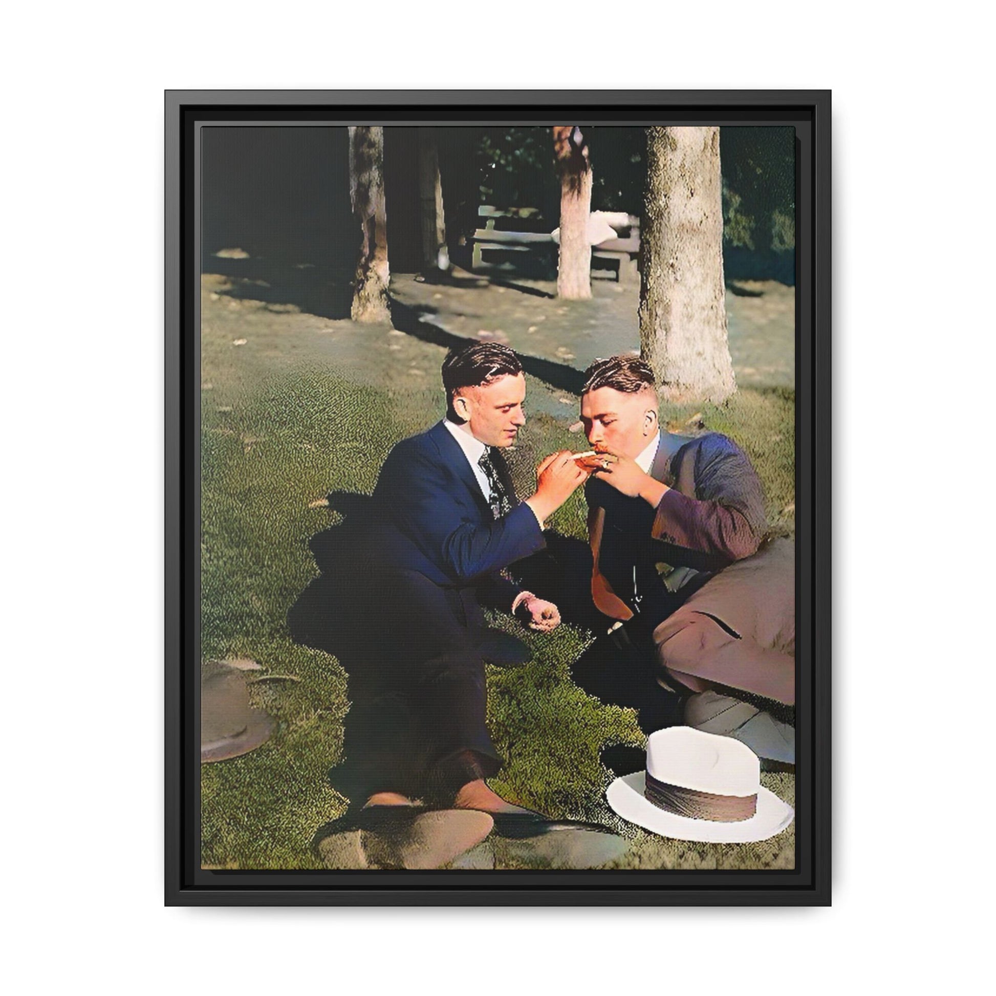 A framed vintage portrait on matte canvas featuring Oscar and Iván in Central Park, Manhattan, capturing timeless love and 1920s elegance. Gay Couple Queer History