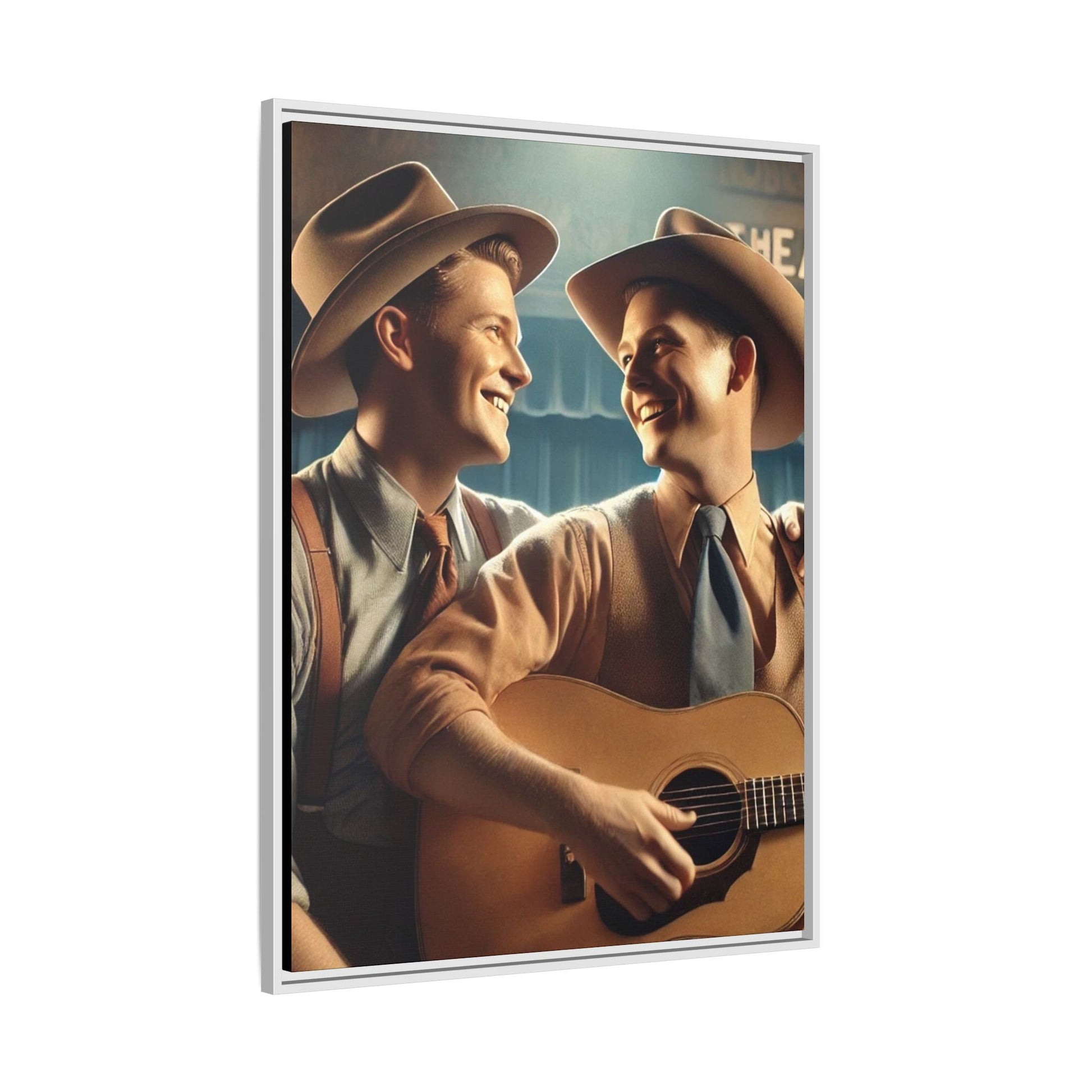 Artwork of a gay couple recording a country-western song in a 1930s-style studio. Dressed in classic Western attire with wide-brimmed hats and button-up shirts, the two men share an affectionate gaze, capturing love and unity in a nostalgic, vintage setting.