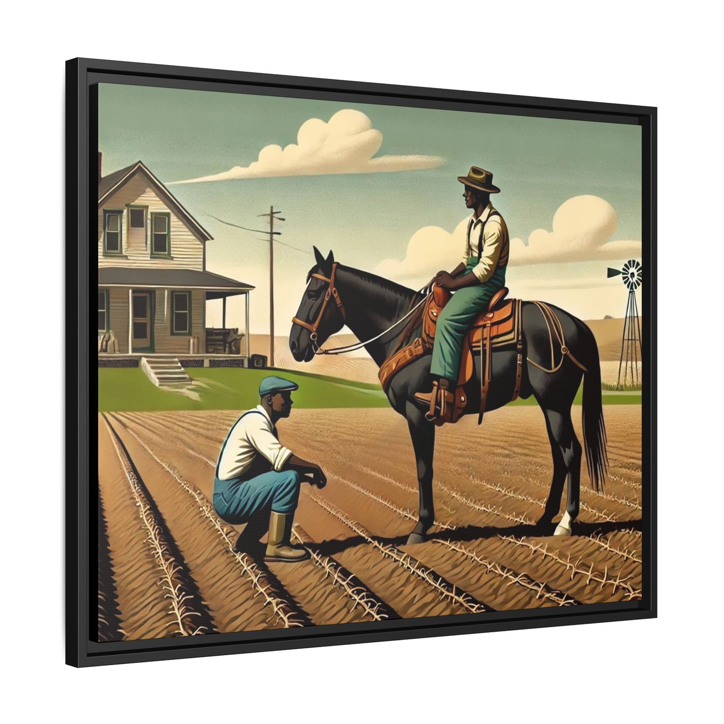Artwork of an African American queer couple working together on a farm in a serene, vintage-inspired landscape. One man sits on horseback, gazing warmly at his partner, who examines the soil, symbolizing their partnership in both love and labor. The scene captures resilience, companionship, and the beauty of rural life.