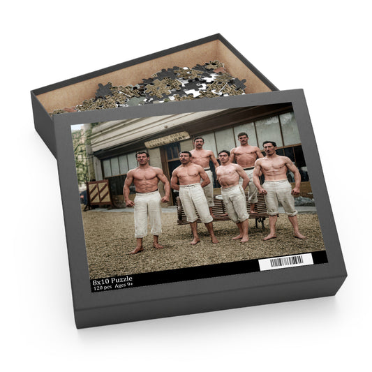 Six-athlete vintage photo jigsaw puzzle displayed in full on a cream surface, with the bench and French sign visible.