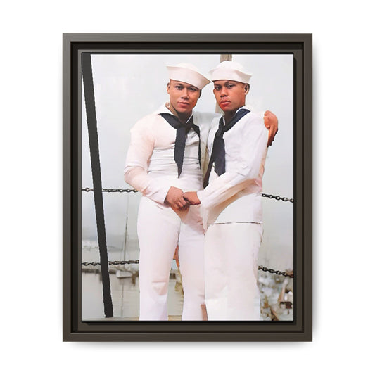 A restored vintage photograph of two Navy sailors standing together aboard a naval ship at Apra Harbor, Guam. Dressed in crisp white uniforms, their hands gently clasped, the image captures a quiet moment of strength, devotion, and LGBTQ+ military history.