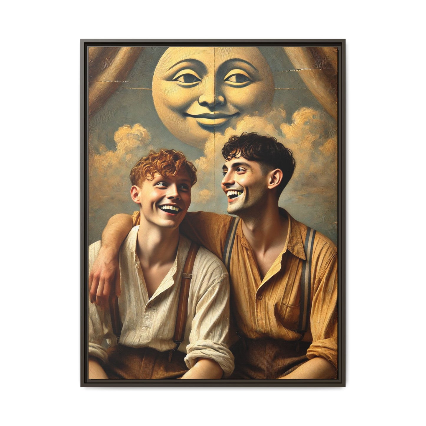 Queer artwork of two joyful young men dressed in vintage clothing with rolled sleeves and suspenders, laughing under a large moon prop in a dreamy studio scene. A celebration of love and resilience reclaimed from forgotten queer histories.