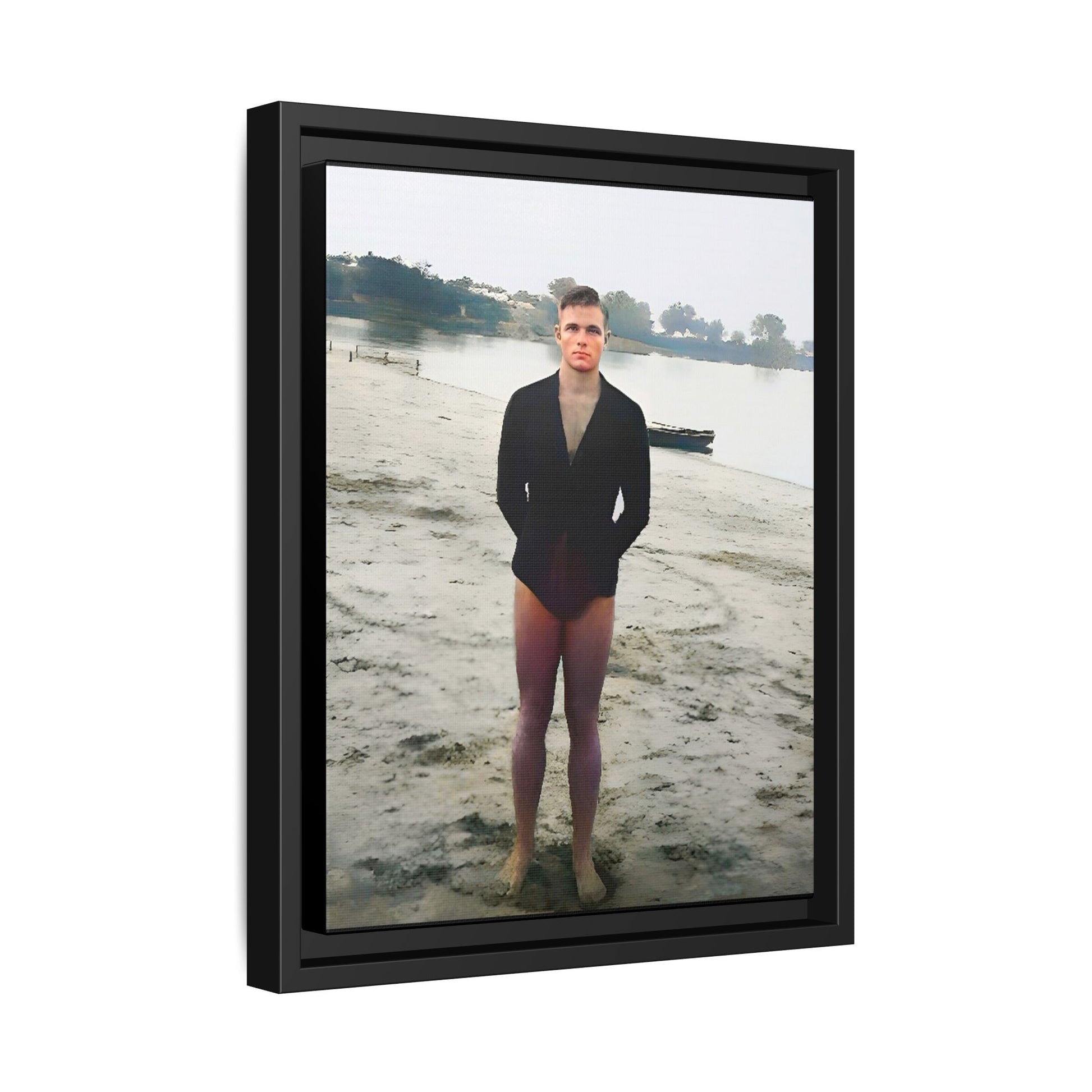 A framed vintage lake portrait on matte canvas featuring Ben at Lake Chicot, Arkansas, capturing solitude, nature, and timeless reflection.
