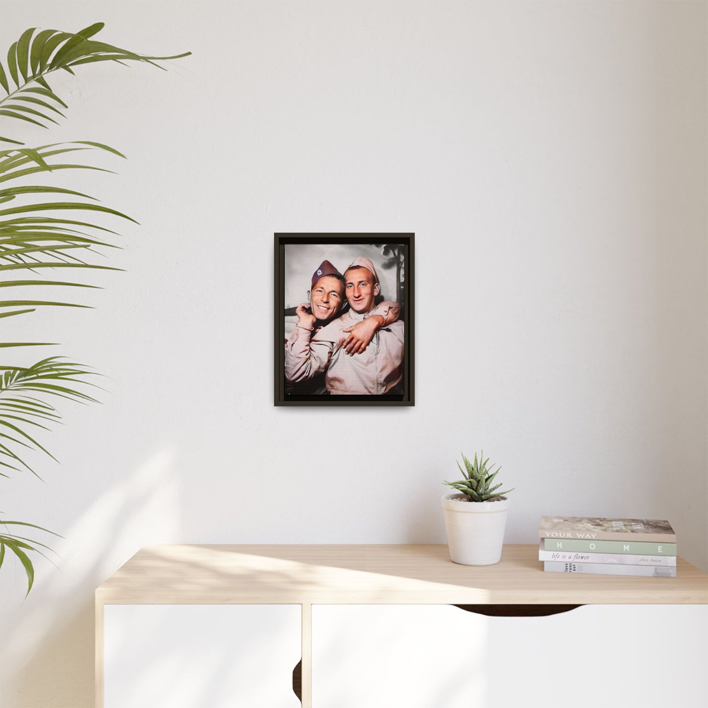 A framed vintage photo on matte canvas featuring a heartfelt portrait of a military couple at Fort Jackson, South Carolina, celebrating love and resilience in history.