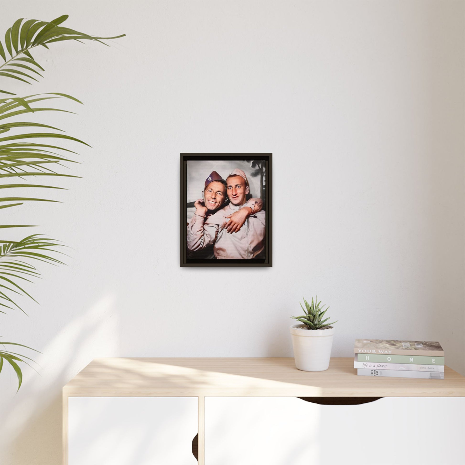 A framed vintage photo on matte canvas featuring a heartfelt portrait of a military couple at Fort Jackson, South Carolina, celebrating love and resilience in history.