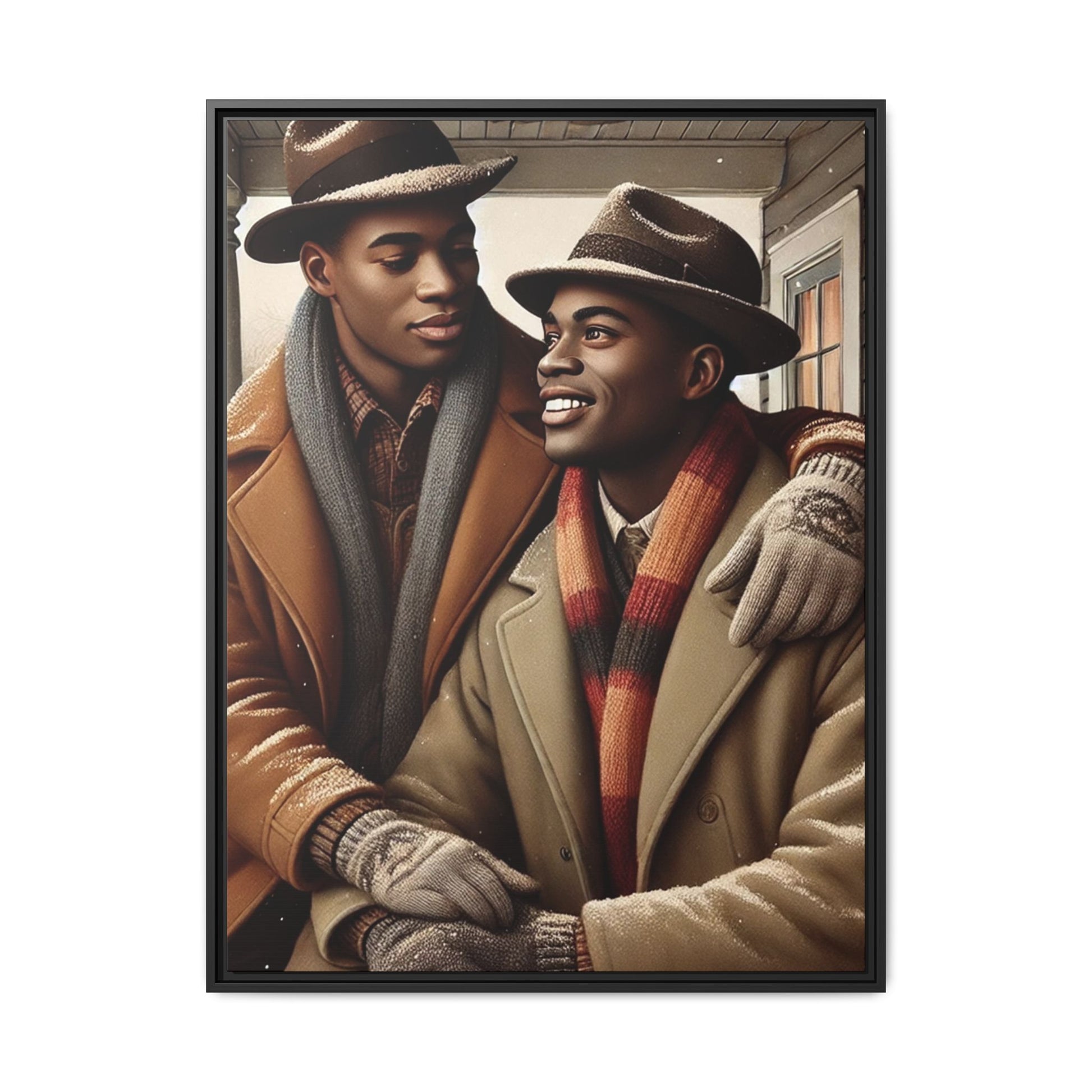 Artwork of an African-American queer couple sharing a cozy winter moment on a porch. Dressed in vintage winter attire with fedoras, scarves, and warm coats, they exchange affectionate gazes amidst softly falling snow, capturing love, warmth, and intimacy in a nostalgic winter setting.