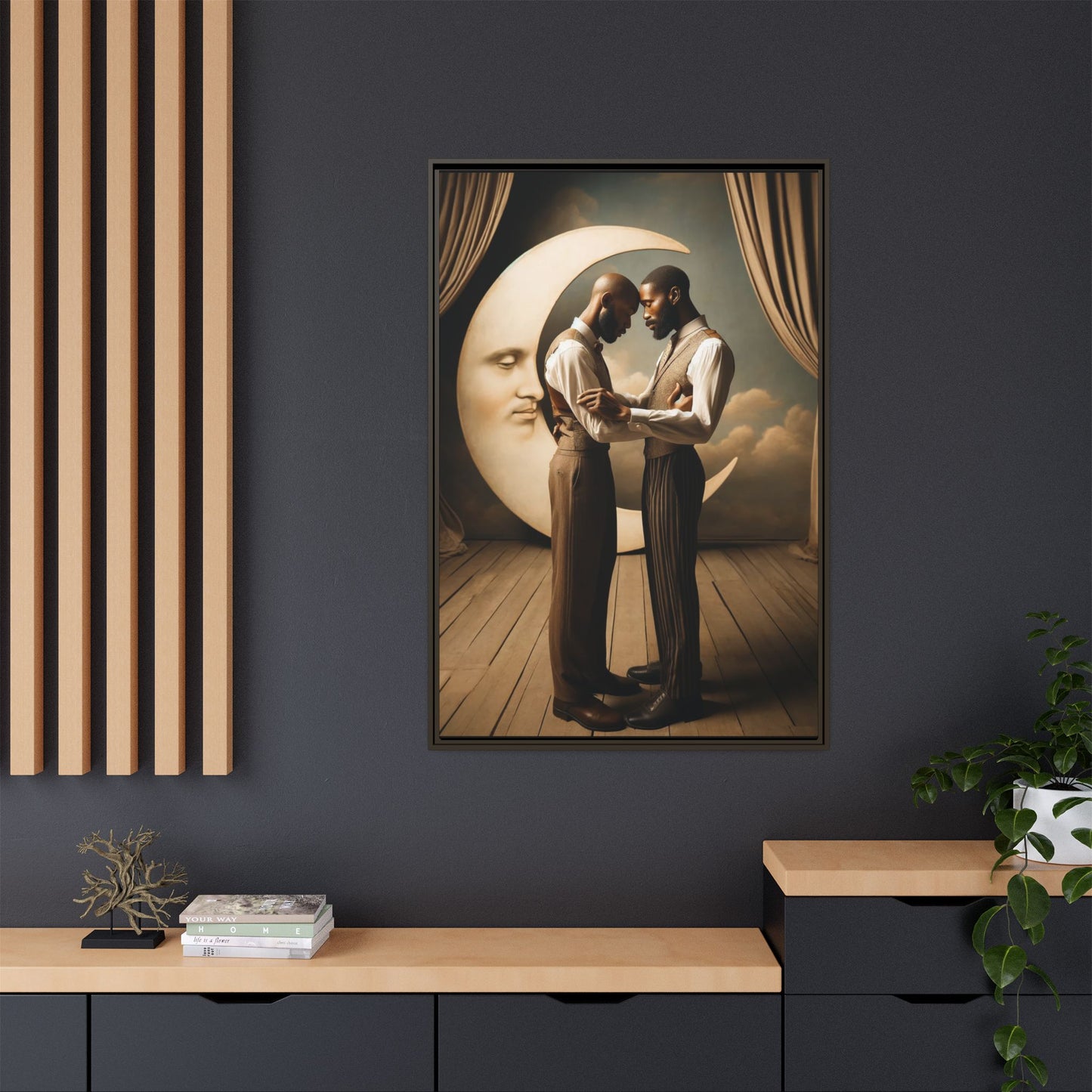 Two Black men in vintage 1920s clothing stand forehead to forehead, embraced beneath a glowing crescent moon. A theatrical scene honoring queer love, memory, and history, reclaiming moments that were never captured due to cultural bias.