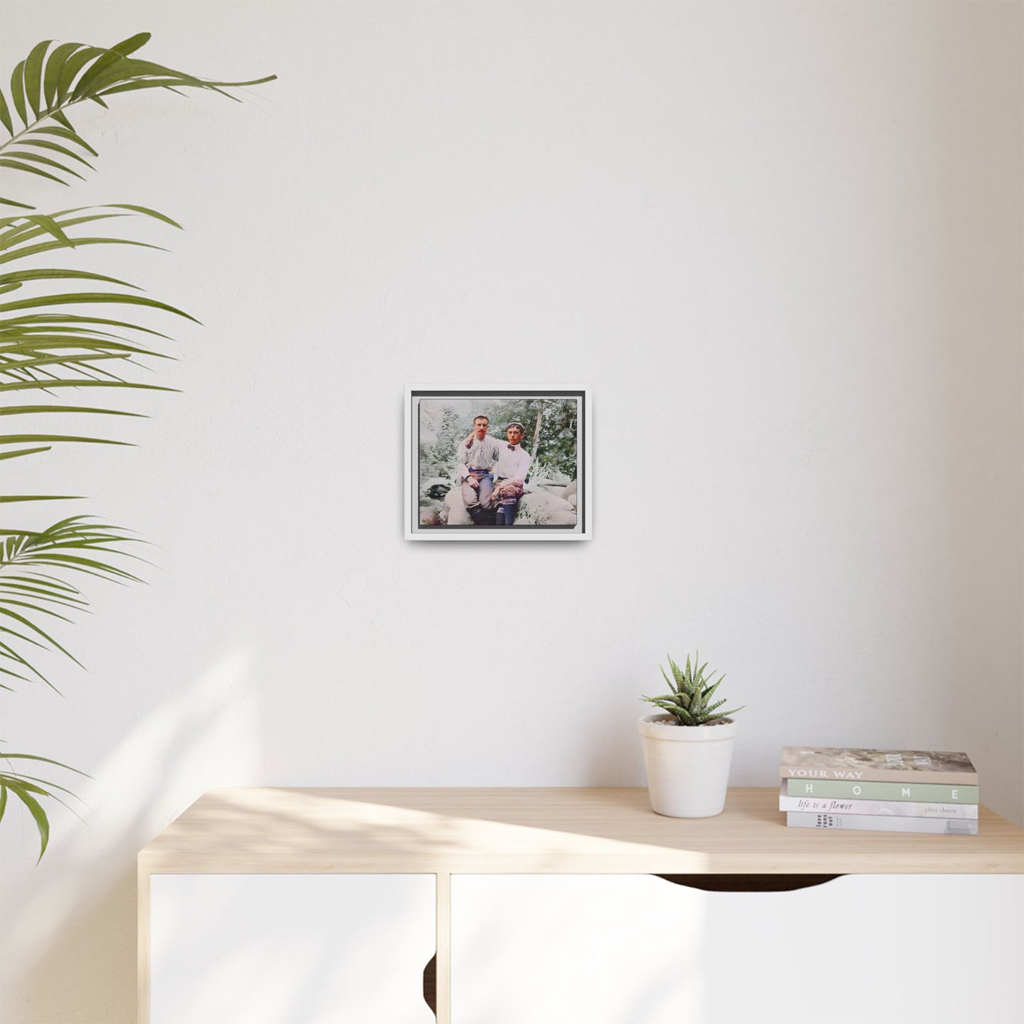 A framed vintage love portrait on matte canvas featuring Grover and Emil in Villamont, Virginia, capturing timeless LGBTQ+ connection and companionship. Gay Couple
