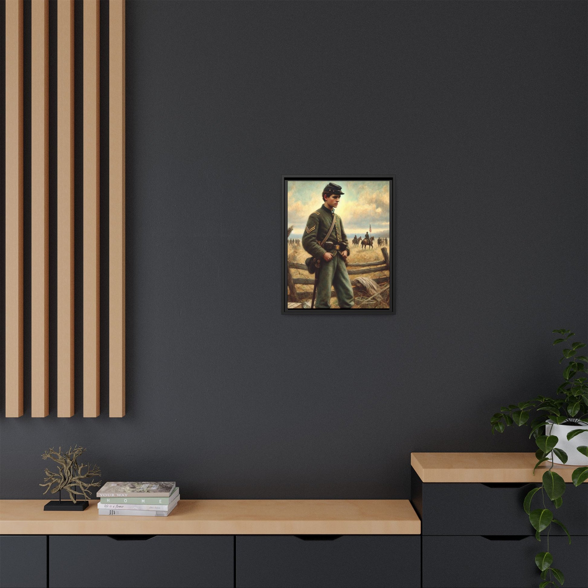 Framed artwork of a young Civil War Union soldier inspired by Walt Whitman’s Drum-Taps poems and Grant Wood's style, depicting battlefield sacrifice, humanity, and historical charm.