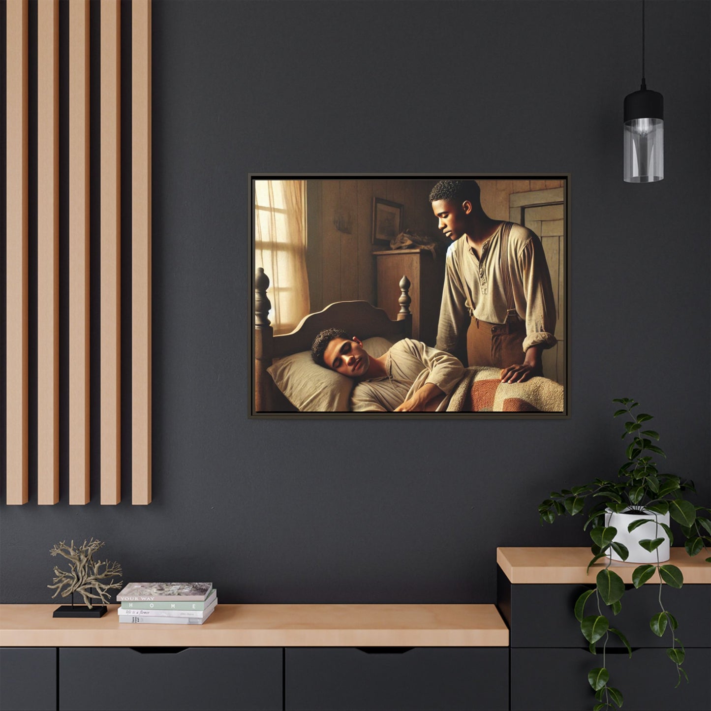 Grant 007 artwork depicting an African-American queer couple in a tender, intimate moment within a rustic bedroom. This scene, bathed in warm, nostalgic light, captures the love and quiet resilience of rural life, celebrating LGBTQ+ representation and African-American heritage.