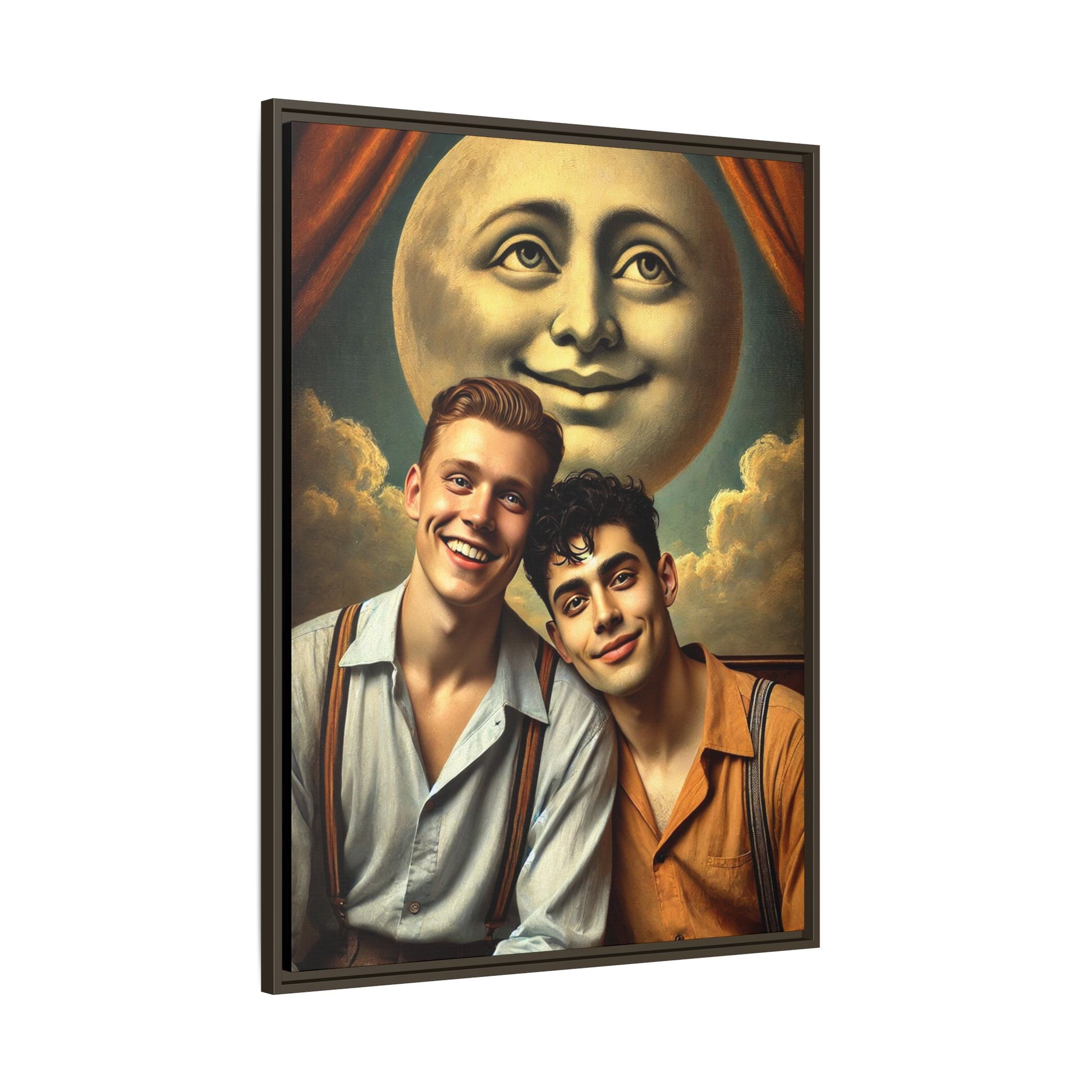 Framed artwork featuring a joyful queer couple in 1930s attire, seated close together beneath a smiling full moon in a theatrical studio setting. A celebration of reclaimed LGBTQ+ narratives in nostalgic portraiture.
