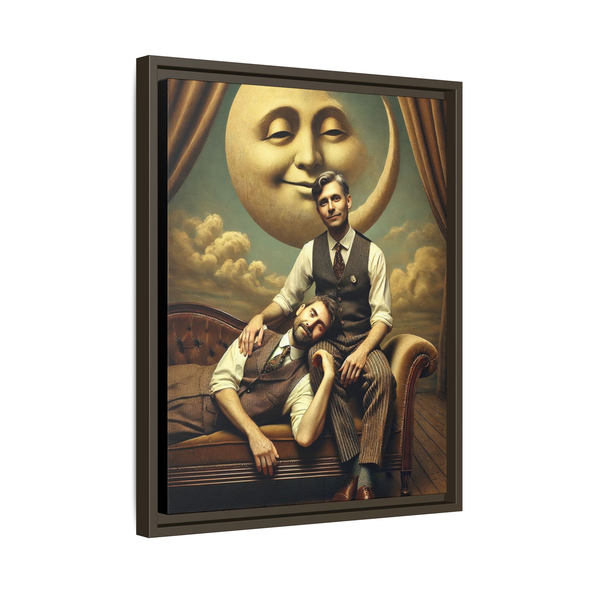 Vintage-style artwork of two men in 1920s clothing sitting close, one resting his head on the other’s lap beneath a smiling moon. Surrounded by theatrical curtains and clouds, this original piece honors lost queer love and challenges historical erasure with tenderness and pride.