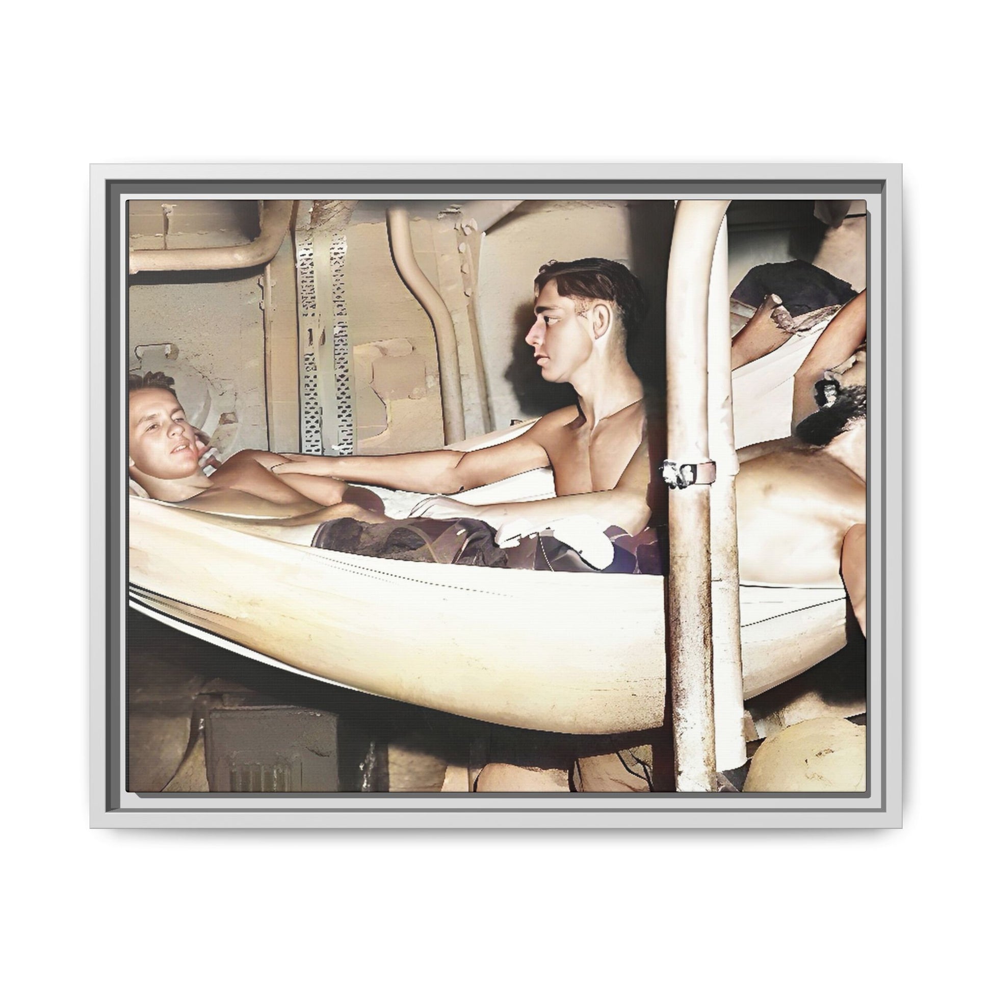 A framed vintage maritime photo on matte canvas featuring sailors aboard the Orleans, capturing life at sea and camaraderie.