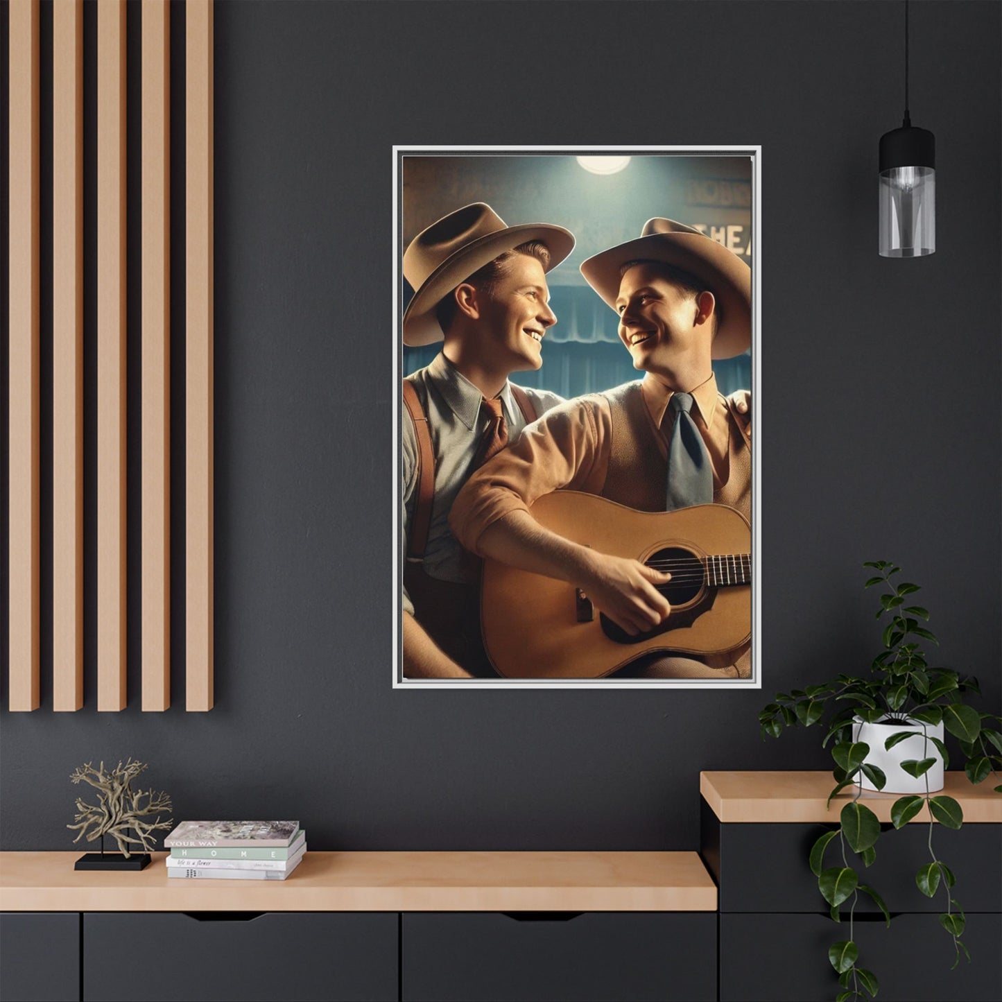 Artwork of a gay couple recording a country-western song in a 1930s-style studio. Dressed in classic Western attire with wide-brimmed hats and button-up shirts, the two men share an affectionate gaze, capturing love and unity in a nostalgic, vintage setting.