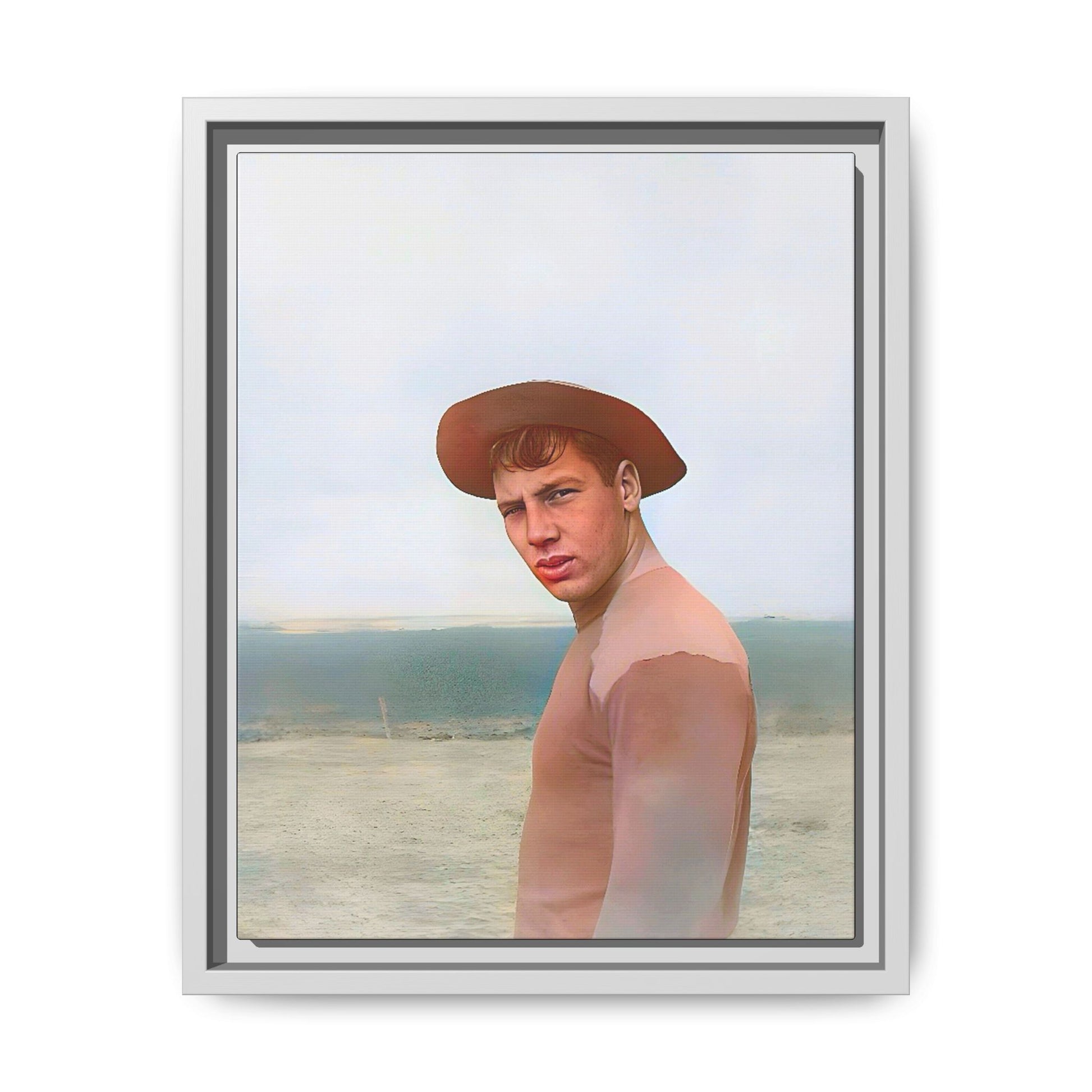 A framed vintage portrait on matte canvas featuring Victor at Cannon Beach, Oregon, capturing the rugged beauty of coastal life.
