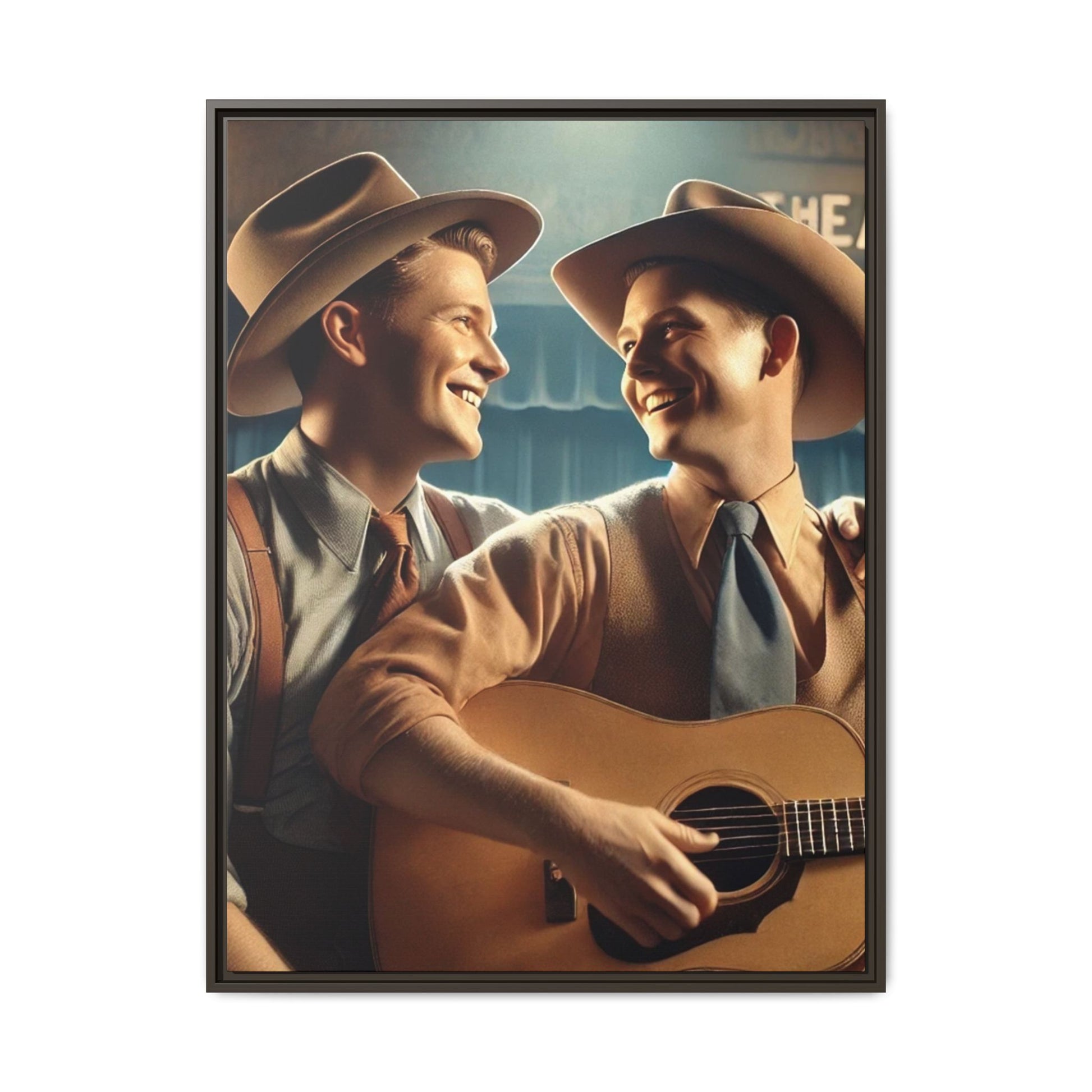 Artwork of a gay couple recording a country-western song in a 1930s-style studio. Dressed in classic Western attire with wide-brimmed hats and button-up shirts, the two men share an affectionate gaze, capturing love and unity in a nostalgic, vintage setting.