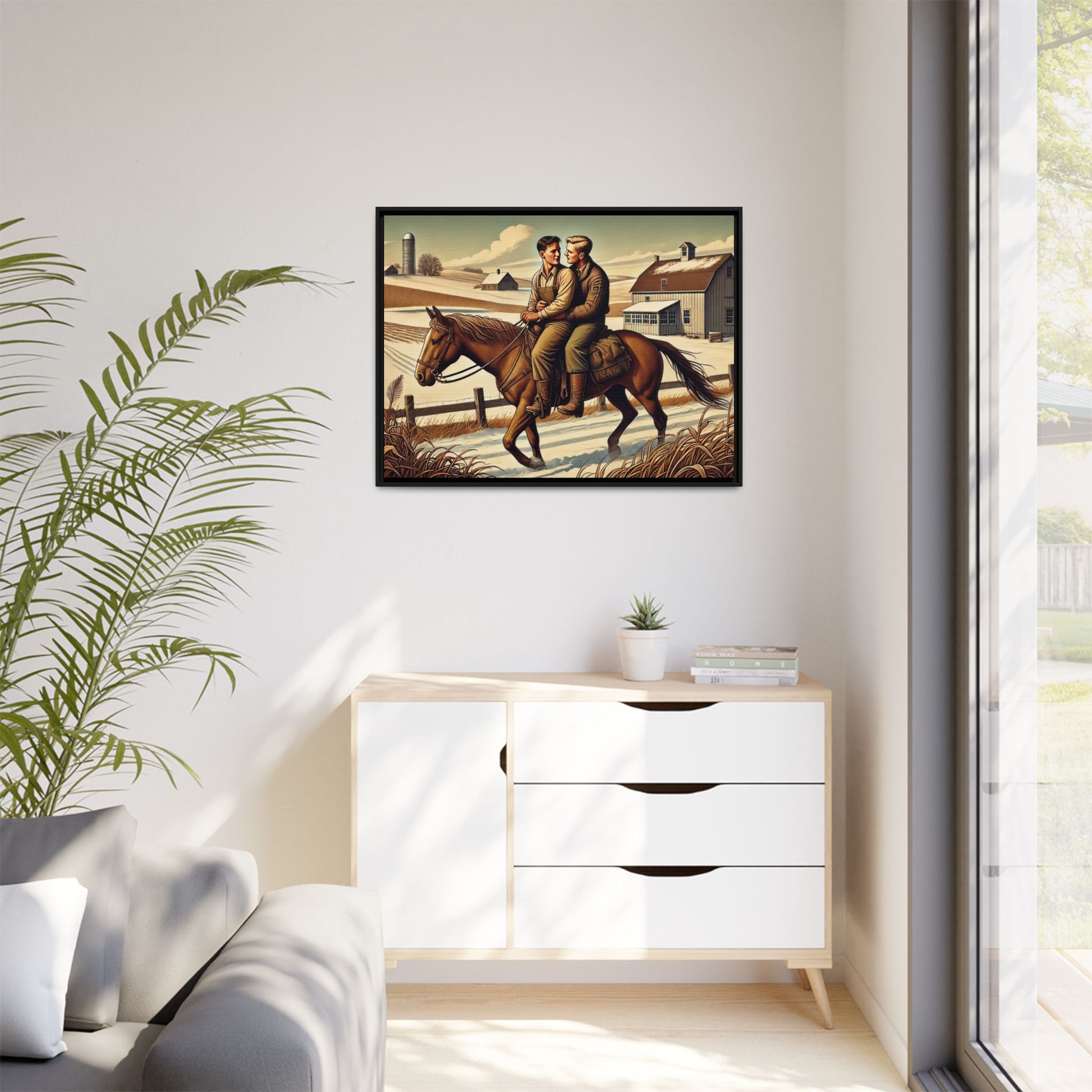 Artwork of a gay couple sharing a tender moment while seated together on a single horse in a snowy, rural Midwestern landscape. Dressed in early 20th-century attire, the men gaze at each other warmly, capturing love, resilience, and companionship in a serene 1930s-inspired American scene