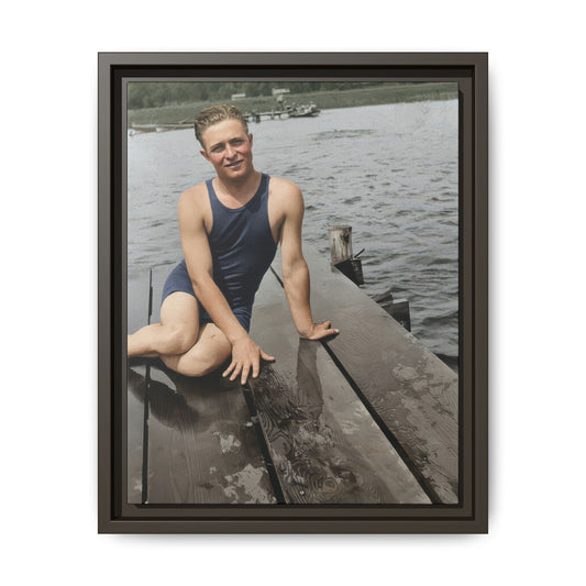 Early 20th-century lakeside swim portrait reproduced as framed matte canvas wall art