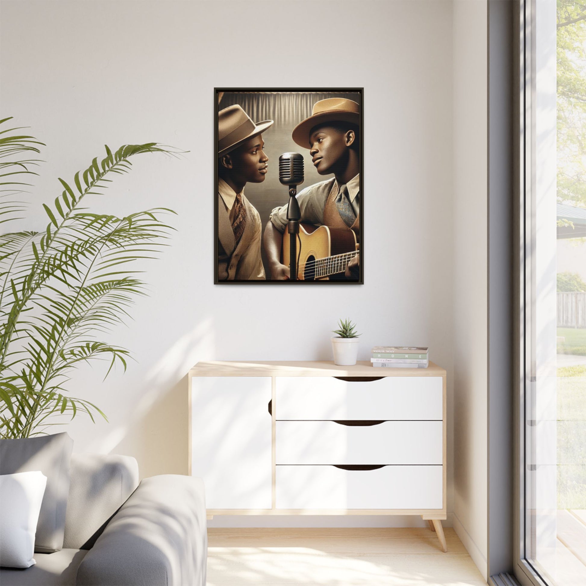 Artwork of an African-American gay couple recording a song in a 1930s-style studio. Dressed in vintage attire with fedoras and ties, they share a close, tender moment around a classic microphone, capturing love, music, and cultural heritage in a nostalgic setting