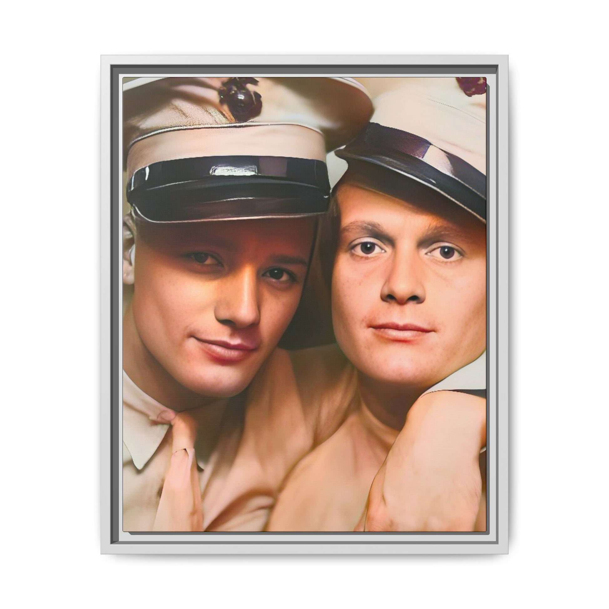 Restored vintage photograph of Paul and Ralph, an early 20th-century LGBTQ+ military couple from Camp Atterbury, Indiana. Framed matte canvas print celebrating love, courage, and LGBTQ+ history. Gay Couple Photo Booth