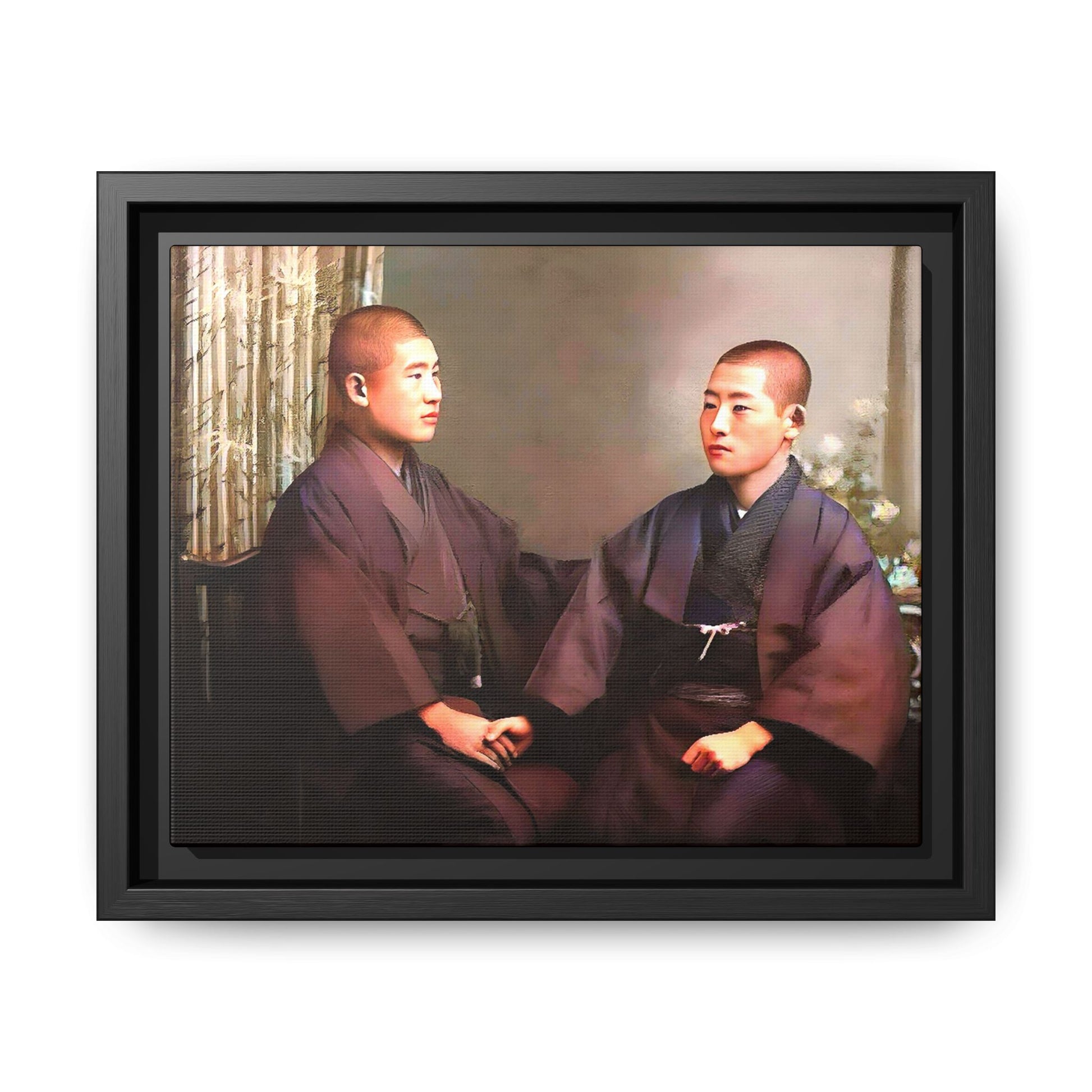 A vintage portrait of Hiroto & Atsushi in Kyoto, Japan. This framed matte canvas celebrates LGBTQ+ love, cultural heritage, and timeless elegance, making it a unique and meaningful art piece for collectors and history enthusiasts. Gay Couple