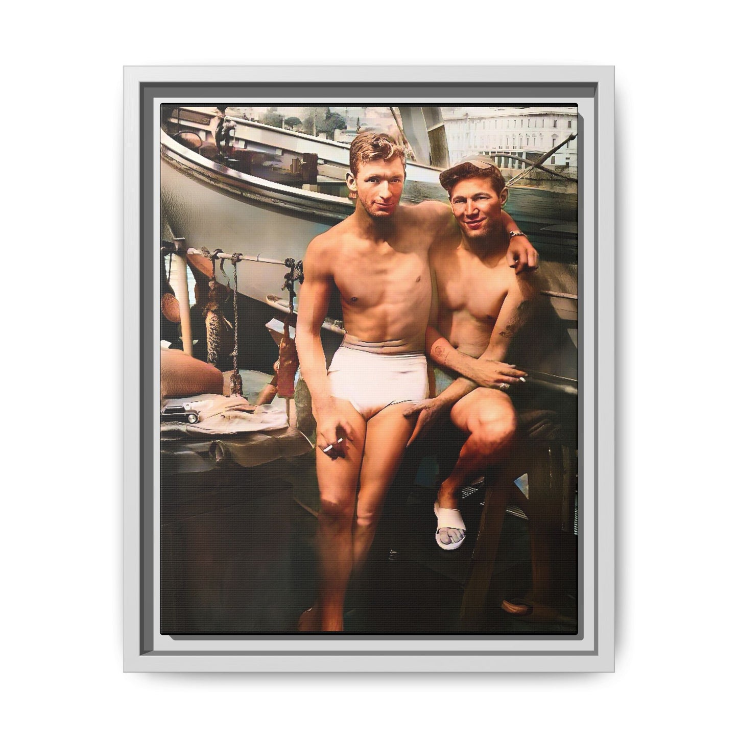 A framed vintage nautical portrait on matte canvas featuring Richard and Joey in Gulf Shores, Alabama, capturing timeless LGBTQ+ connection and coastal charm. Gay Couple
