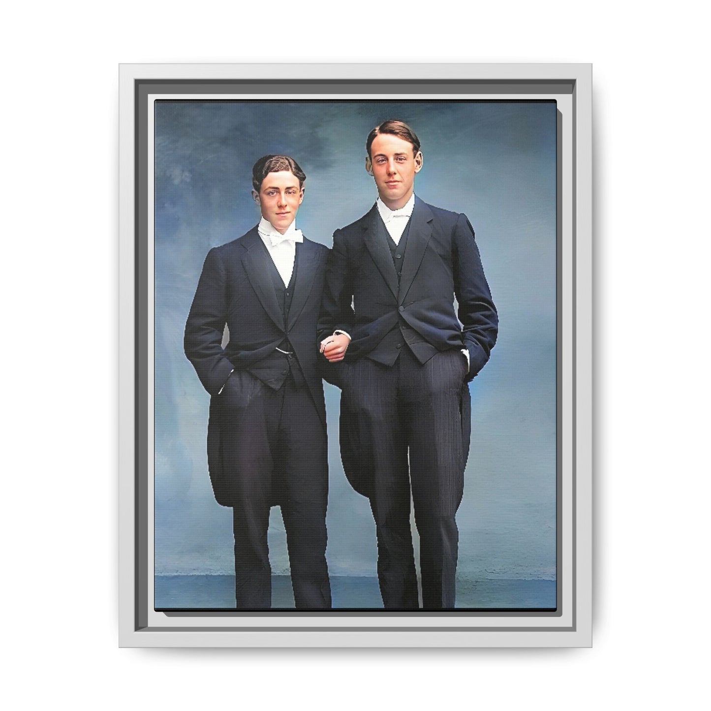 A framed vintage photo on matte canvas featuring a sophisticated LGBTQ+ couple in Rumson, NJ, capturing elegance and timeless love. Gay Formal Prom