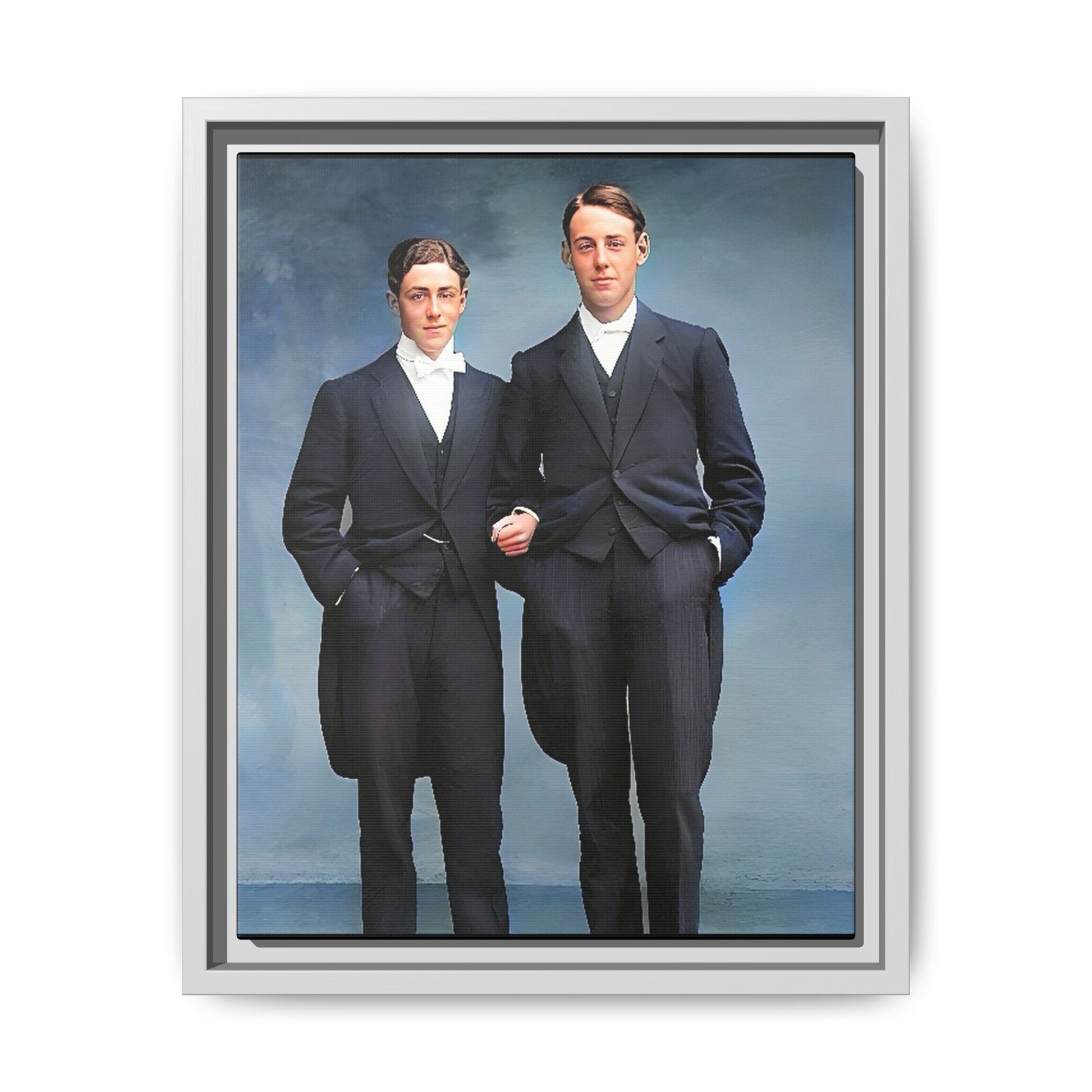 A framed vintage photo on matte canvas featuring a sophisticated LGBTQ+ couple in Rumson, NJ, capturing elegance and timeless love. Gay Formal Prom