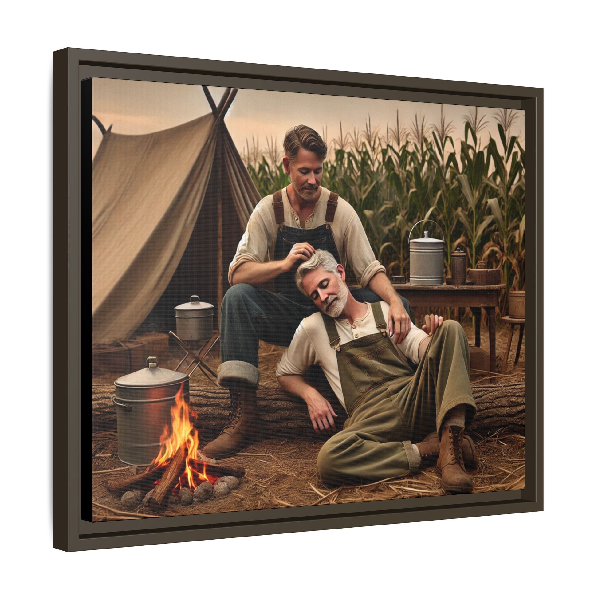Older queer couple sharing a tender moment by the campfire, celebrating love