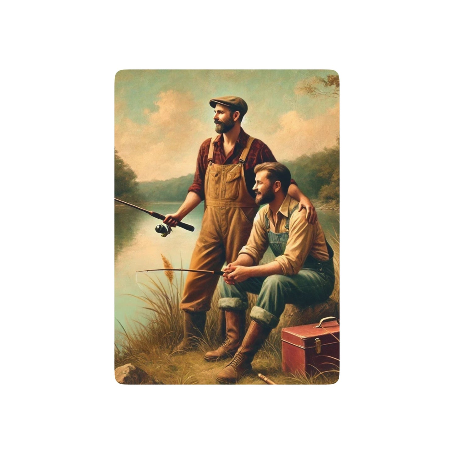 A peaceful 1920s riverbend scene featuring two men in overalls pausing their fishing trip, sharing a quiet moment of companionship and Queer love, honoring hidden LGBTQ+ histories in rural America. Gay Couple
