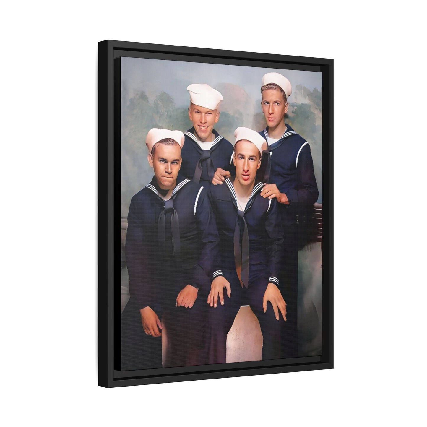 A framed vintage naval portrait on matte canvas featuring four sailors at Naval Station Great Lakes, capturing unity, service, and military pride.