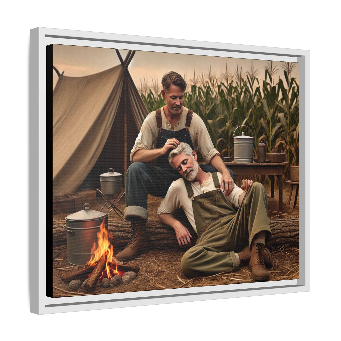 Older queer couple sharing a tender moment by the campfire, celebrating love