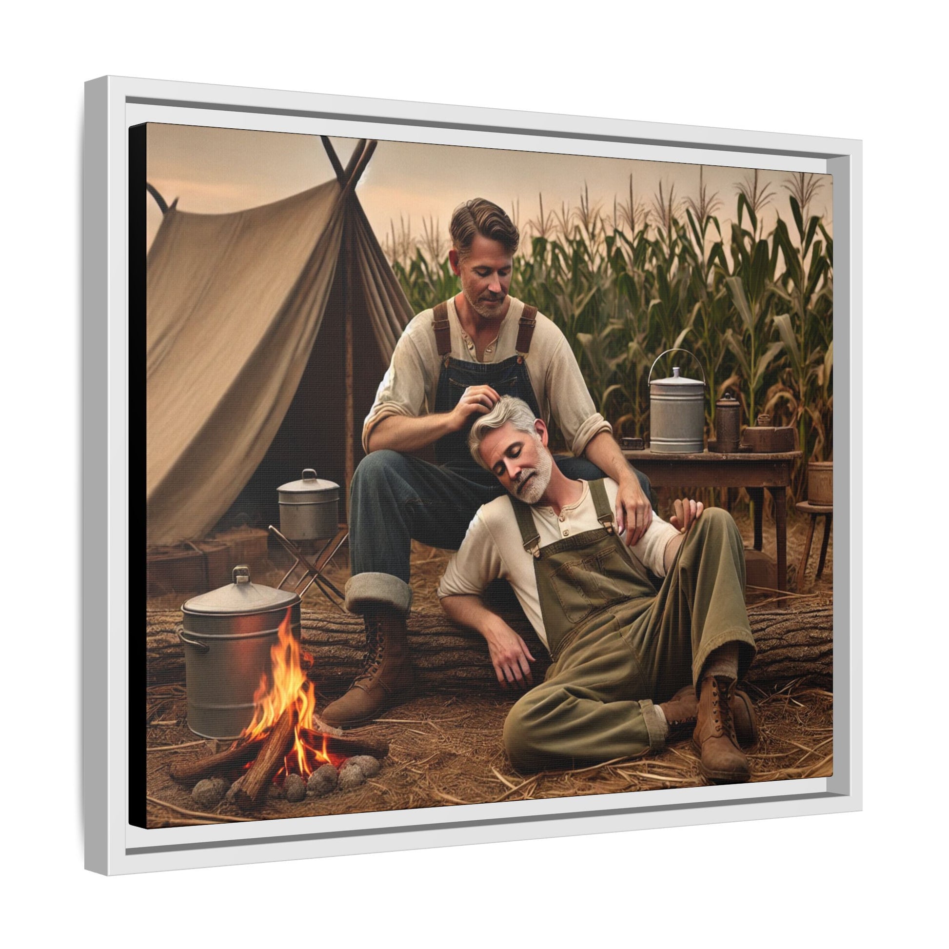 Older queer couple sharing a tender moment by the campfire, celebrating love