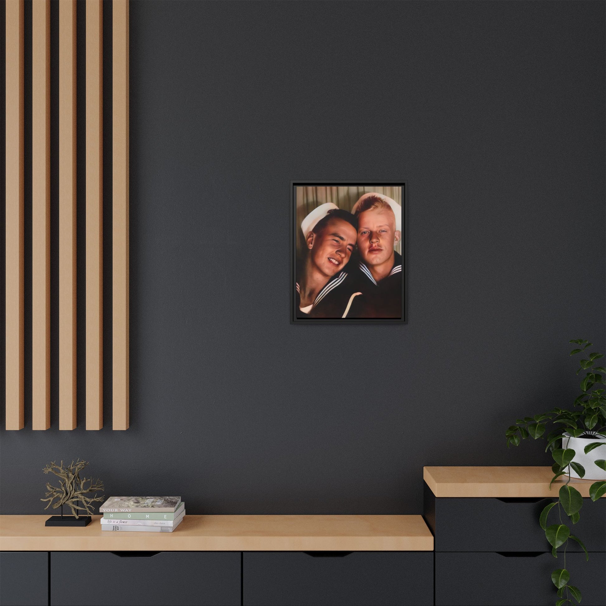 A framed vintage sailor portrait on matte canvas featuring Ray and Clyde in Newport, Rhode Island, capturing timeless LGBTQ+ love and companionship. Gay Couple Photo Booth