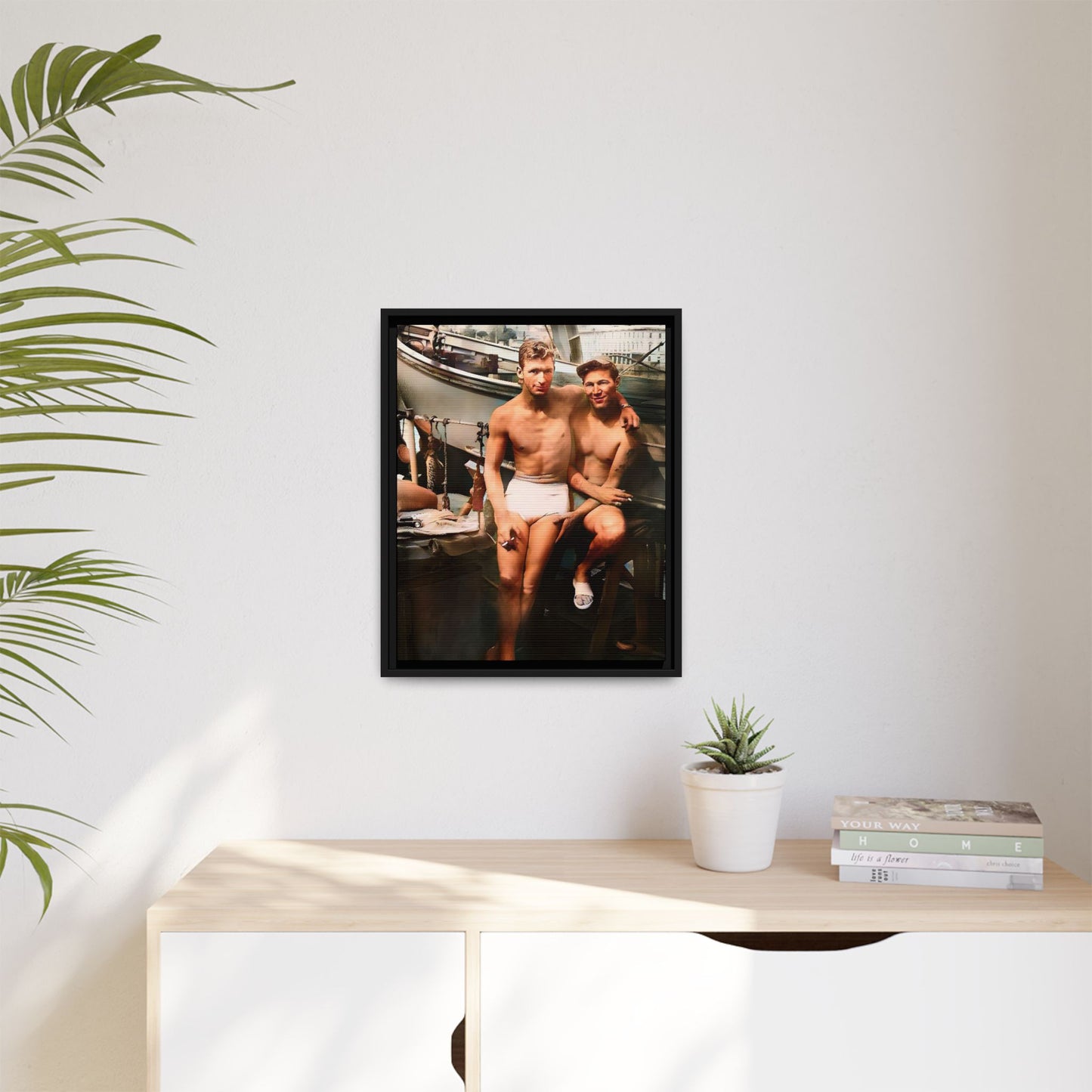 A framed vintage nautical portrait on matte canvas featuring Richard and Joey in Gulf Shores, Alabama, capturing timeless LGBTQ+ connection and coastal charm. Gay Couple