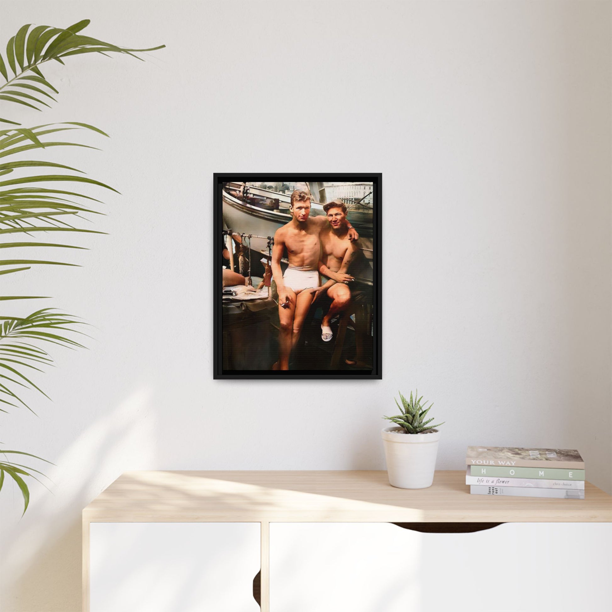 A framed vintage nautical portrait on matte canvas featuring Richard and Joey in Gulf Shores, Alabama, capturing timeless LGBTQ+ connection and coastal charm. Gay Couple