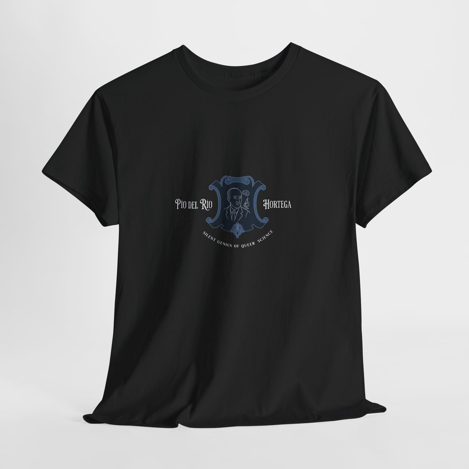 t-shirt with a Jean Cocteau–inspired line drawing of Pío del Río Hortega framed in a blue crest. This refined graphic design pays tribute to queer scientific brilliance with the phrase “Silent Genius of Queer Science” below. A bold shirt for quiet revolutions.